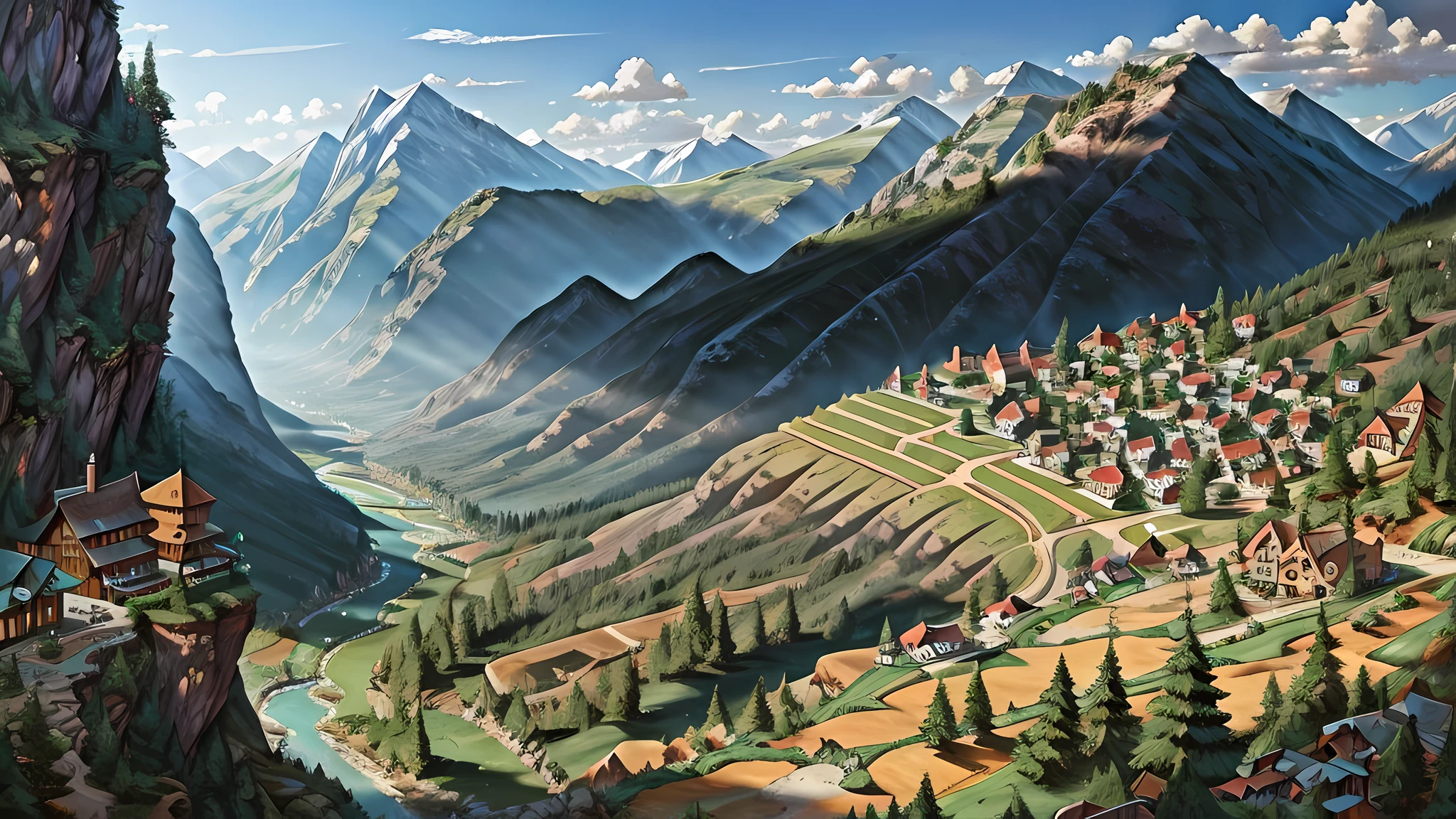 A quaint town nestled in a valley