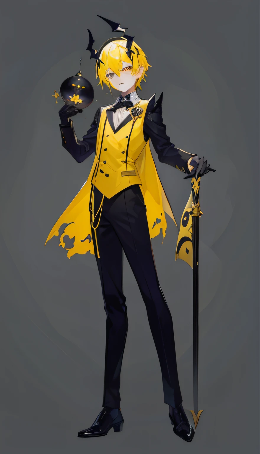 (1 boy) demon, Sharp pupils, ssmile, cane, Bill Cypher, black gloves, yellow hair strokes| black  hair, dynamics, Details, Interesting costume, Reference