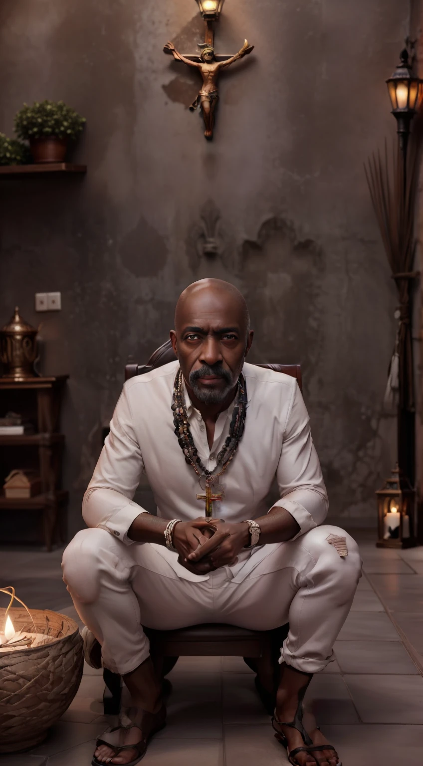 Crie uma imagem hiper realista de um homem velho afrodescendente, 80 anos, olhos brilhantes, cansados e triste, pele negra, cabelos curto, crespo e grisalho, vestindo um velho, simples, torn white cotton outfit, On the neck , several seed necklaces and medal on the neck, com rugas. The decoration should be dark old clay wall with a crucifix, with candlelight lighting, Several candles lit on the floor, with a lot of smoke in an intimate and religious environment.
Use a Sony A7 III camera with an 85mm lens at an aperture setting of F 1.2 para desfocar o fundo. Detailed hand with five perfect detailed humanized fingers. Richness in the features of the face, boca e olhos. Crie uma imagem ultrarrealista que captura a beleza natural e a personalidade, dramatic lighting, ....3d, VFX, 9:16 cinematic lighting, Estilo Phock, Estilo UltraVector, hyper realistic, cinemactic, Ultra High Definition, HDR, cinemactic, Realistic, precision detailed (moldura para foto) cintura), imagem central, Estilo, bioluminescente, tamanho real 8, 8K resolution