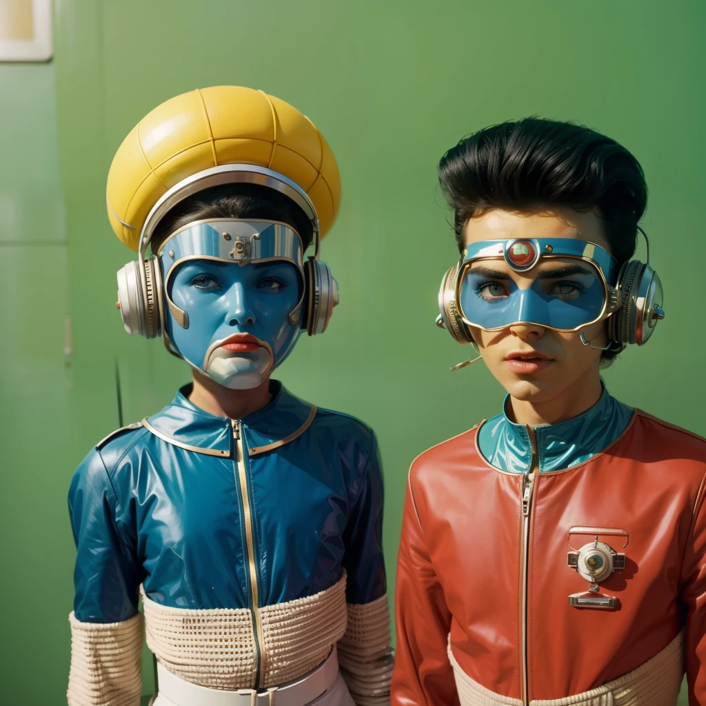 4k image from a 1960s science fiction film by Wes Anderson, Filme O Grande Hotel Budapeste, pastels colors, Boys wearing retrofuturistic alien masks and holding colorful suitcases and chests on the bus, Retro-futuristic fashion clothes from the 60s with old robots, Luz Natural, Psicodelia, futurista estranho, retro-futurista, photo-realistic, Sharp background details.