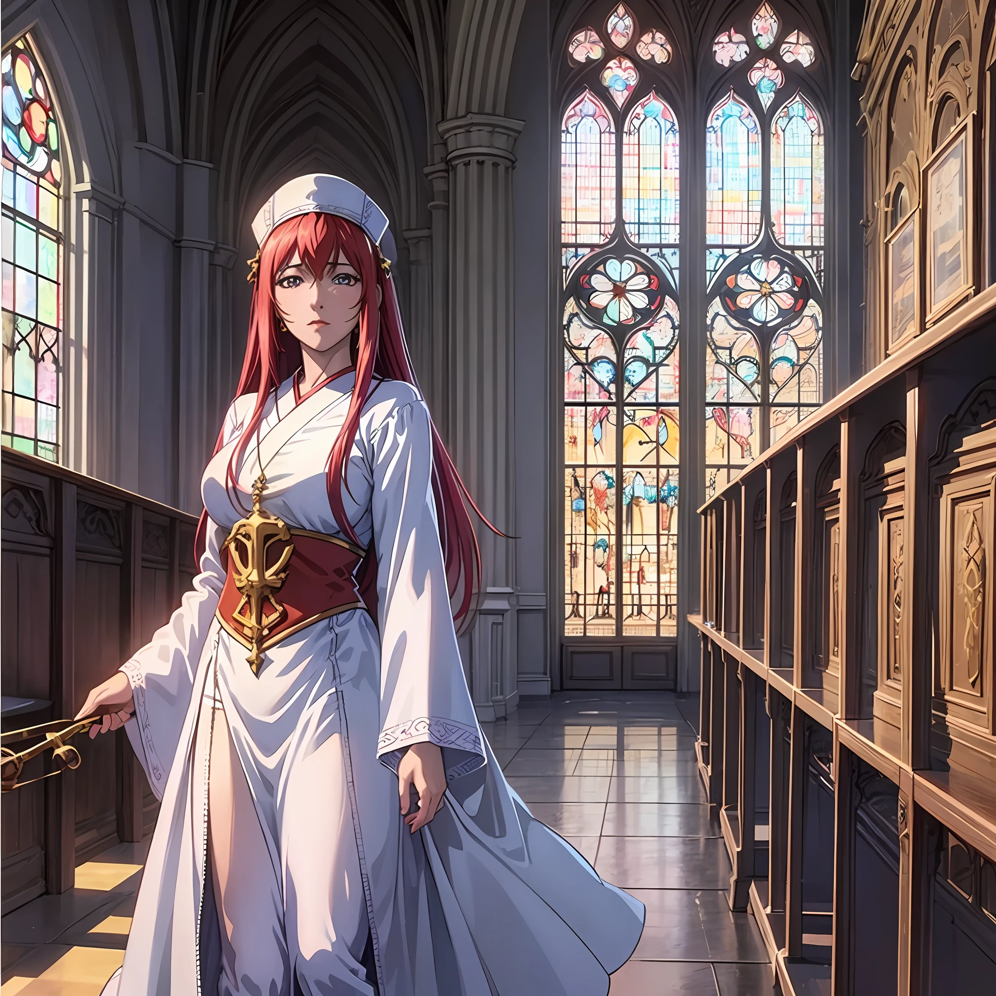 Hiroko Takashiro, priestess, RPG fantastique, luz, saint, rougir, Fille pure, church, ,, walking, tulipan symbol religious, red hair