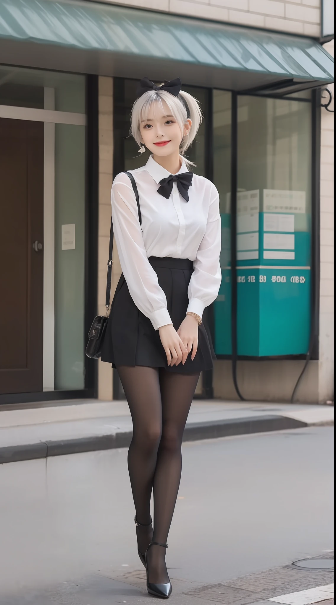 （true to life，Photorealistic 1.5）,((best qualtiy, 8K, tmasterpiece:1.3)),SLR camera (二重まぶた，largeeyes:1.3),（smile1.5），（Full body photo 1.5）（One person 1.5）Clear focus 1.2, Perfect body beauty:1.4 , Delicate skin1.1，（Short silver-white hair1.5），（Delicate facial features1.4），（Pure desire 1.3）(Black pantyhose 1.5)（The leg length is one meter two，1.5），Hair is slightly curled，White shirt，Bow knot，pleatedskirt，Slender legs，high-heels，With earrings，Wristband jade bracelet，pony tails，The roof of the building