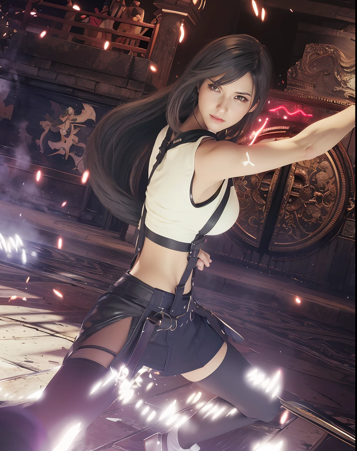 There was a woman wearing a white blouse and a black dress holding a sword, Tifa Lockhart, ff Tifa, portrait of tifa lockhart, Tifa Lockhart with white hair, Charming Tifa Lockheart, tifa lockheart, tifa lockhart portrait, alluring tipha lockhart portrait, dead or alive 6, As a character in Tekken, rumble roses