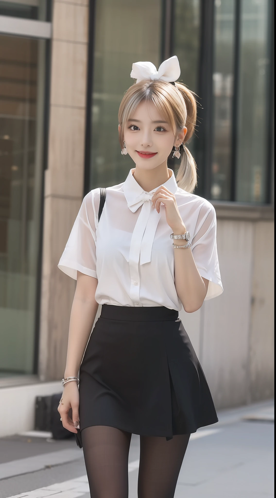 （true to life，Photorealistic 1.5）,((best qualtiy, 8K, tmasterpiece:1.3)),SLR camera (二重まぶた，largeeyes:1.3),（smile1.5），（Full body photo 1.5）（One person 1.5）Clear focus 1.2, Perfect body beauty:1.4 , Delicate skin1.1，（Short silver-white hair1.5），（Delicate facial features1.4），（Pure desire 1.3）(Black pantyhose 1.5)（The leg length is one meter two，1.5），Hair is slightly curled，White shirt，Bow knot，pleatedskirt，Slender legs，high-heels，With earrings，Wristband jade bracelet，pony tails，The roof of the building