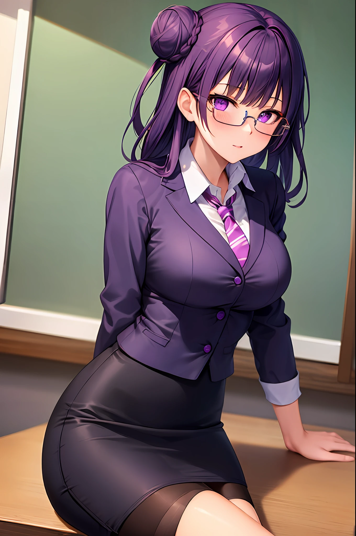 (best quality, masterpiece), 1girl, purple hair, purple eyes, garter straps, pencil skirt, office lady, glasses, hair bun, necktie, collared shirt, leaning back