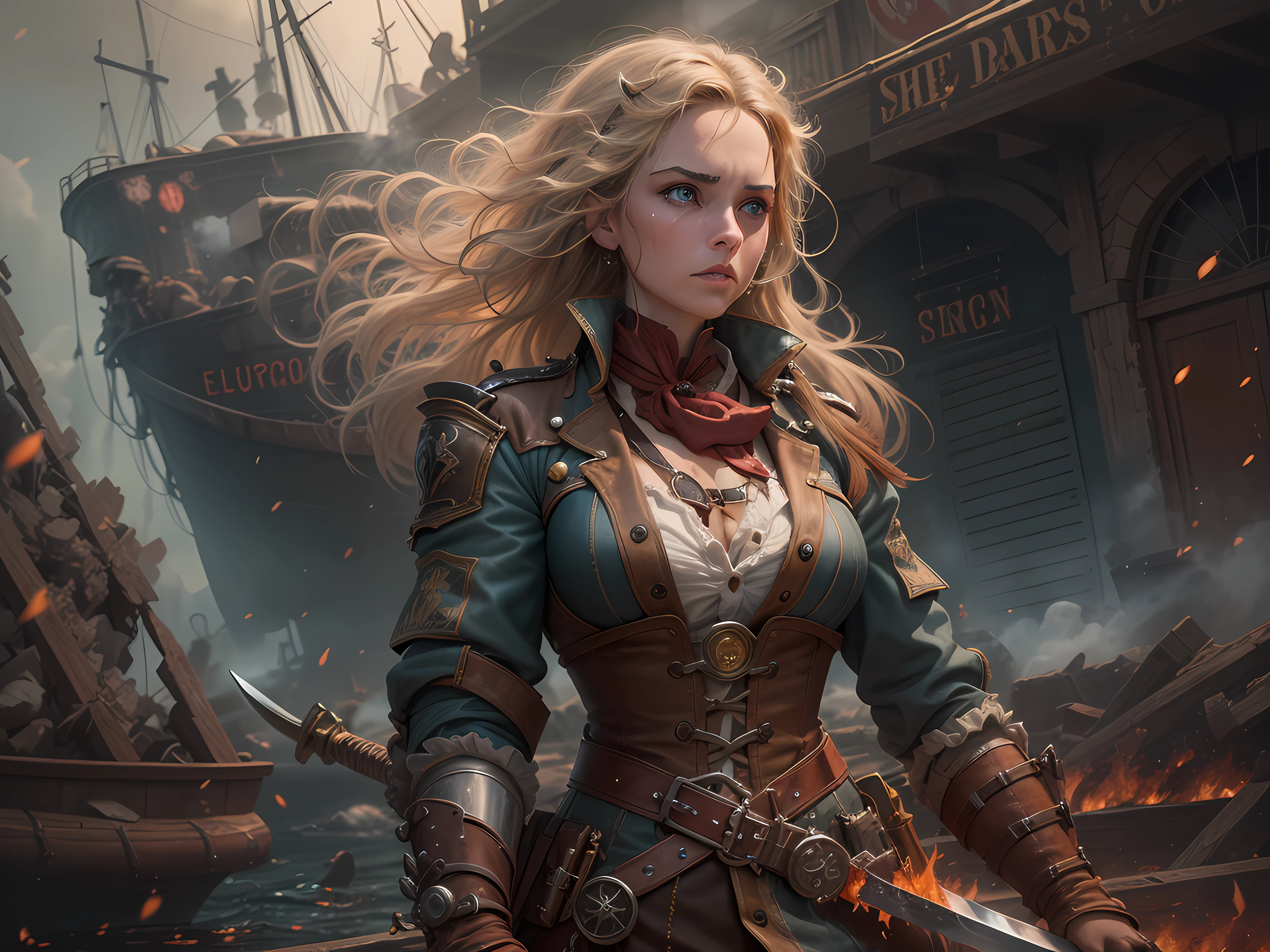 a European girls, solo, Blonde, tanned skin, cold-looking blue eyes, thin face, ripped body, wearing steampunk leather armor, leather legging, highnoon boots, carry a sword by waist and 2 pistol behind waist, masterpiece, best quality. Tears fell into the ocean from the boat that had sailed, The explosion had begun, The amount of heat and shock waves hit the nobles' place. . The man general and the princess were dumbfounded for a long time. They knew this was sooner or later, but they couldn't accept it yet, The last few guards took off their helmets and knelt down and recited the Knight's Proclamation. Miele clutched her hand to the wooden side of the boat, Her handprint was imprinted on it as if from a knife cutting into the young girl's heart. The boat has gone far, All around there was only the sound of the wind, Seagulls and waves, No one said a word to each other, They look to their homeland, vow to win back what belonged to them one day. War of 1840, The streets of Rennes were stained red with blood, dilapidated buildings, burning wood chips, smog, Cries of grief and faint cries came from beneath the rubble. steampunk,fantasy steampunk paladin carry a long sword behind waist, masterpiece, best quality, King leading him army into battle, heroic, bright, moody, intense, steampunk knight, realistic shadows, high quality, ultra detailed in 4k, 8k, high resolution, sharp focus, depth of field, faded, (neutral colors:1.2), (hdr:1.4), (muted colors:1.2), hyperdetailed, (artstation:1.4),(perfect hands:1.3) ( mechanism gears, industry technology, automaton, electric sparks cinematic atmosphere. (rutkowski:0.66), (teal and orange:0.4)", steampunk battle city background in a battlefield of blood and fire ((dramatic)), bokeh, gothic, ember particles.
