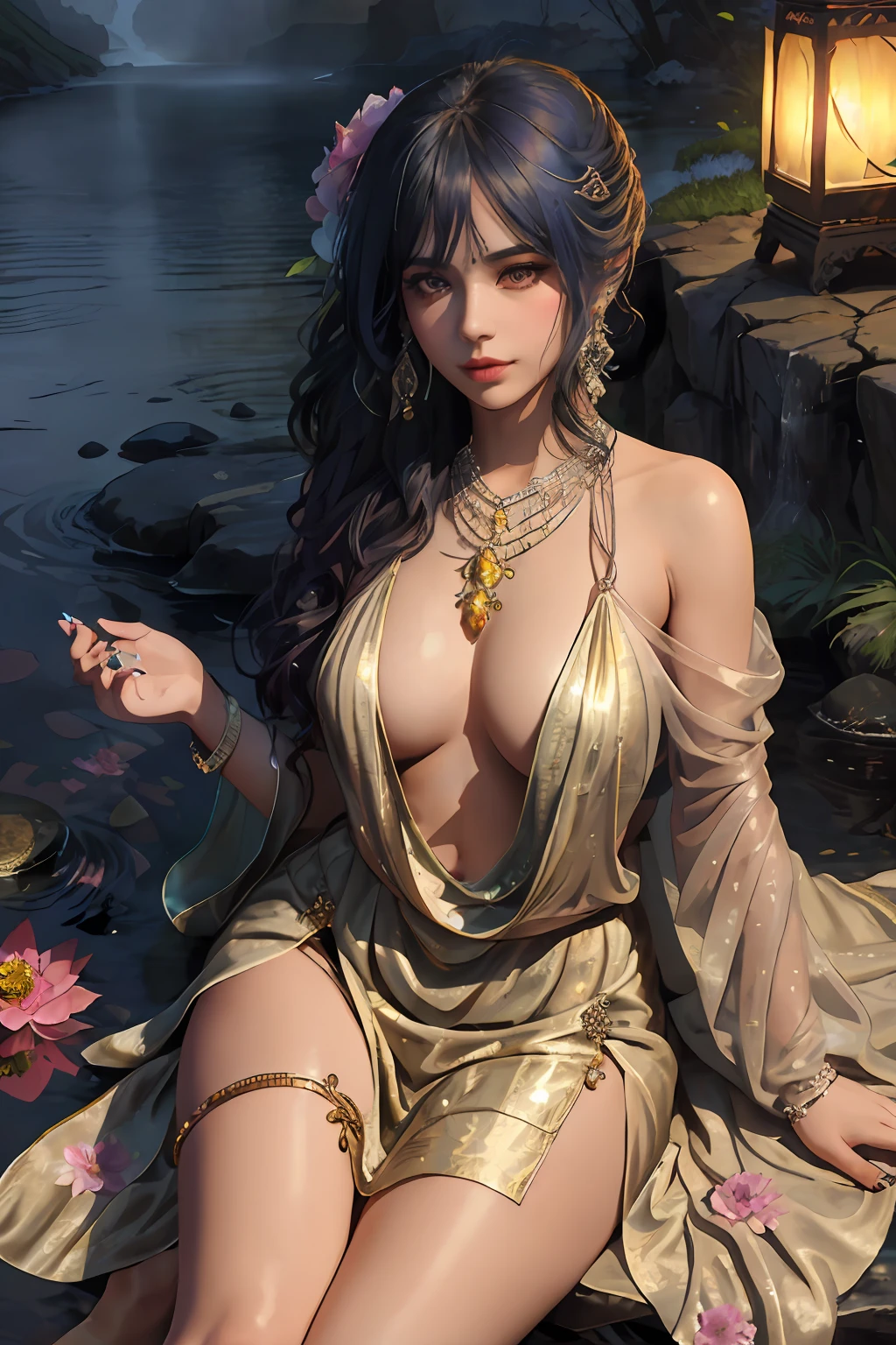 ((realistic: 1.5)),((best quality)), ((masterpiece)),((detailed)), (1girl), {a beautiful woman in a Sari}, full body,super wide angle lens, focus facial, young girl, sexy, toned muscles, long legs, female curves, barefoot, large firm breasts, open neckline, beautiful breasts with pink peeps, thick thighs, wide hips, slender legs, green eyes, long black hair, hair floating, long eyelashes, (detailed face, beautiful eye, detailed pupils, detailed clothing features, light background: 1.3), (Bindi, Jhumkas: 1.3), (Armlet, Haar, Payal, Maang Tikka, Jhumkas, Kamarband, Bangles :1.3), mysterious ancient ruin, lush forests, deep canyons, bridge, river, cliff, cloud, lakes, rock, waterfalls, flowers, grass, fog, vine, tree, smoke, best shadow, bright details, sharp, perfect composition , intricate, sharp focus, dramatic, by Frank Frazetta, by Julie Bell, by Olivia De Berardinis, by Luis Royo,by Boris Vallejo, (specular lighting:1.3),edge lighting, princess playing with water, riverbank, clothing scanty royal interior, random royal color, lying on the floor, thirsty face, erotic face, parted lips, almost naked, slipped down underwear, fog, floating antique clock, lamp and lantern, night light, visible public fair, visible breasts , small and firm breasts, beautiful small breasts with pink breasts, transparent clothes wet with water, mandala and flower tattoos, slight smile, sensual gaze, provocative gaze, waterfall, garden with pond,