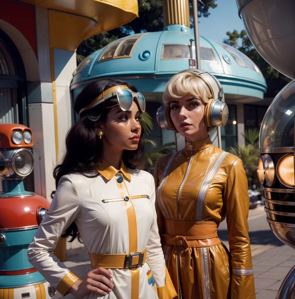 4k image from a 1960s science fiction film by Wes Anderson, Filme O Grande Hotel Budapeste, pastels colors, Young people wearing retrofuturistic alien masks and holding colorful suitcases and chests on the bus, Retro-futuristic fashion clothes from the 60s with old robots, Luz Natural, Psicodelia, futurista estranho, retro-futurista, photo-realistic, Sharp background details.