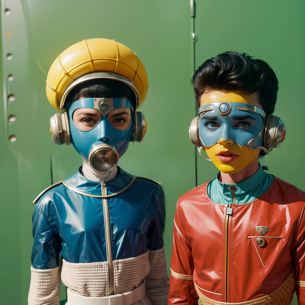 4k image from a 1960s science fiction film by Wes Anderson, Filme O Grande Hotel Budapeste, pastels colors, Boys wearing retrofuturistic alien masks and holding colorful suitcases and chests on the bus, Retro-futuristic fashion clothes from the 60s with old robots, Luz Natural, Psicodelia, futurista estranho, retro-futurista, photo-realistic, Sharp background details.