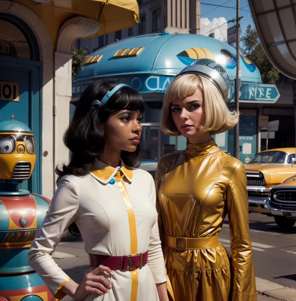 4k image from a 1960s science fiction film by Wes Anderson, Filme O Grande Hotel Budapeste, pastels colors, Young people wearing retrofuturistic alien masks and holding colorful suitcases and chests on the bus, Retro-futuristic fashion clothes from the 60s with old robots, Luz Natural, Psicodelia, futurista estranho, retro-futurista, photo-realistic, Sharp background details.