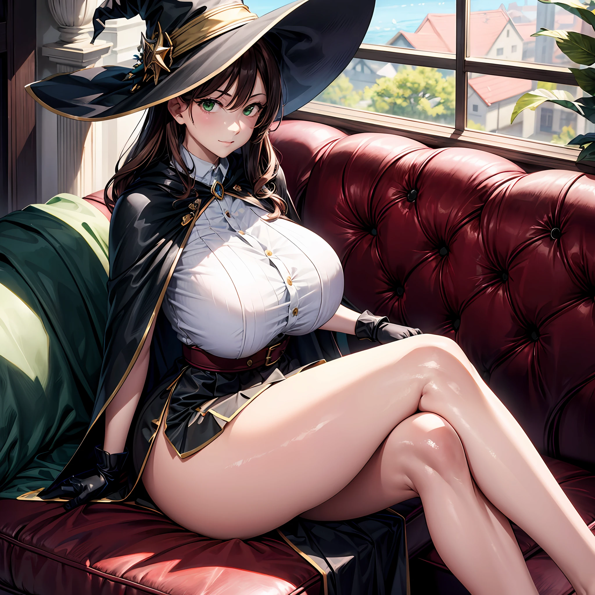 masterpiece, best quality, ultra high res, ultra-detailed, 8K, highres, vibrant color, best quality, extremely detailed, derdere, very slight gentle beautiful face, brown hair, long wavy hair, green eyes, huge breasts, wide hips, skirt, couch, sitting, young adult, 1 girl, alone, elagant, ,takeda hiromitsu style, witch outfit, witch hat, cloak, black gloves, white shirt, droopy eyes, oval face, gentle face, big sister type character, mature, sexy, milf, short, onee-san, motherly, slightly chubby face, cute