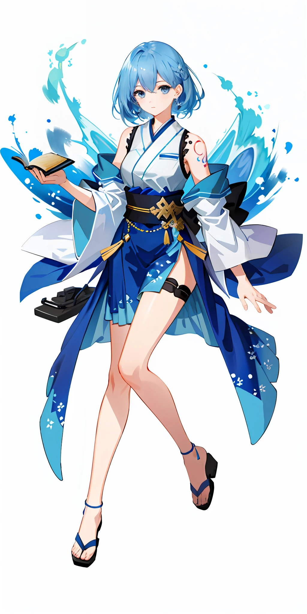 Ultra-high definition 2D art, close-up (1 woman), light blue hair, 2D animation style, soft and delicate depiction, attention also on her full-body tattoos (full-body art), landscape mode, masterpieces by Guweiz and James Jean, tattoo expert designs by CGSCOSITY, etc. A beautiful blue-haired girl who became a hot topic at the trend art station of Japan.