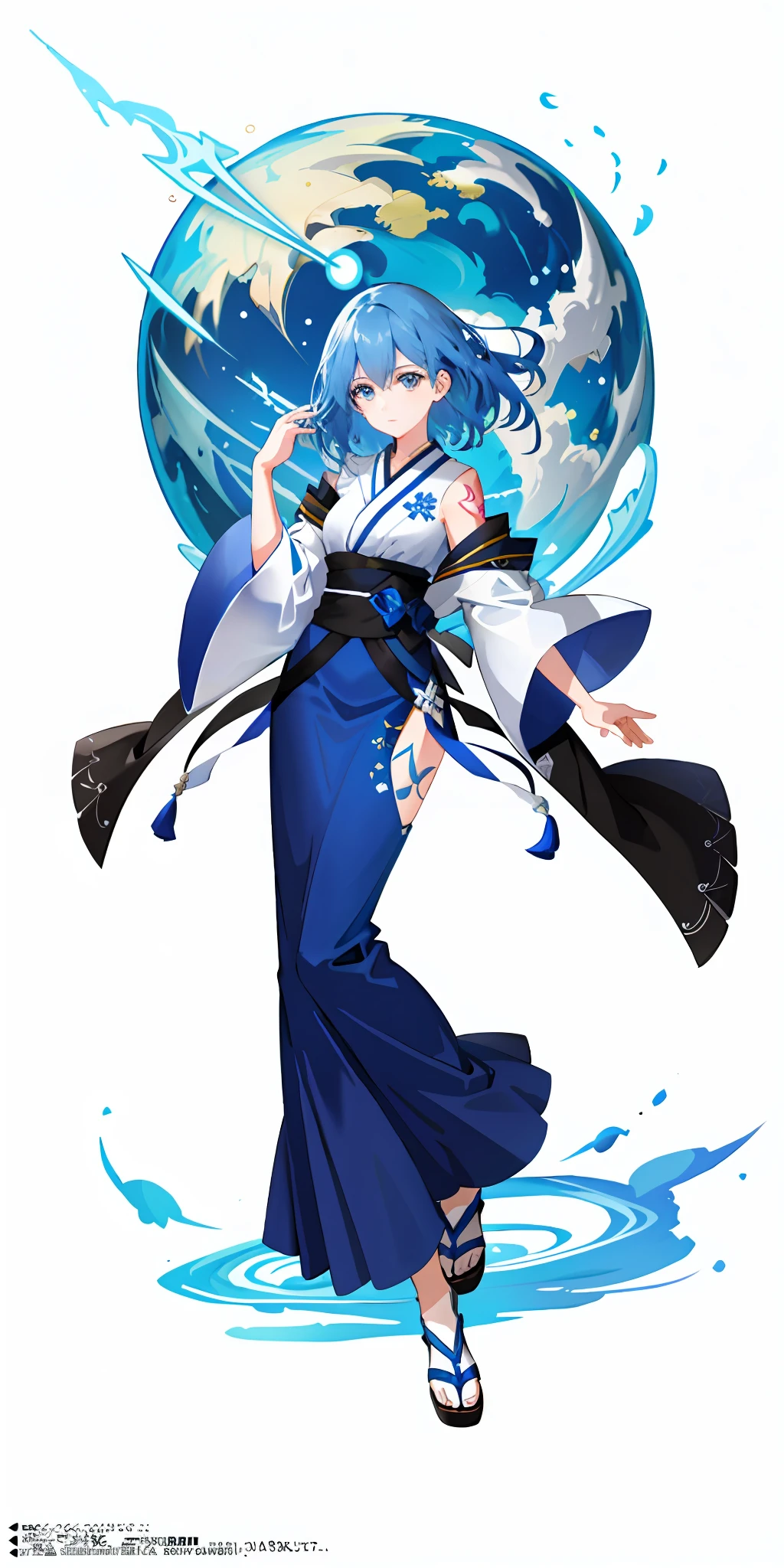 Ultra-high definition 2D art, close-up (1 woman), light blue hair, 2D animation style, soft and delicate depiction, attention also on her full-body tattoos (full-body art), landscape mode, masterpieces by Guweiz and James Jean, tattoo expert designs by CGSCOSITY, etc. A beautiful blue-haired girl who became a hot topic at the trend art station of Japan.