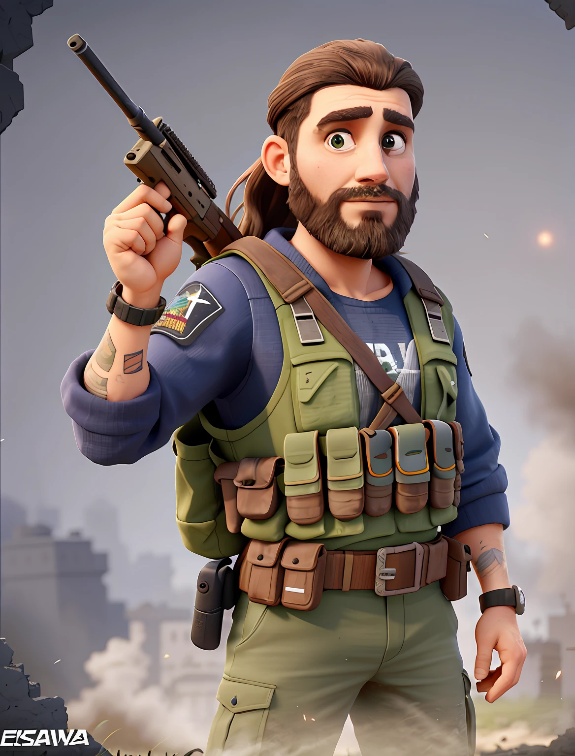 World War 3, segurando um fuzil .50 in the hands, Explosions, Shrapnel, garoa, dor visceral, suor frio, abismo, coalhada de sangue, resignation, escova seca, simetria, monocromatic, Ultra Detalhado, intrincado, surrealismo, oil on the canvas, escova seca, cabelo comprido ate no ombro, watch on wrist, colete contra balas, Homem de meia idade, detalhe, hiper-realismo, barba estilo vikings, ballistic vest, 4k, apocalipse zumbi, cidades destruidas, florestas assustadoras, Gritando, advanced against enemies, roupa preta, imagem de um homem, roupas escuras, olhos verdes, olhos realismo,