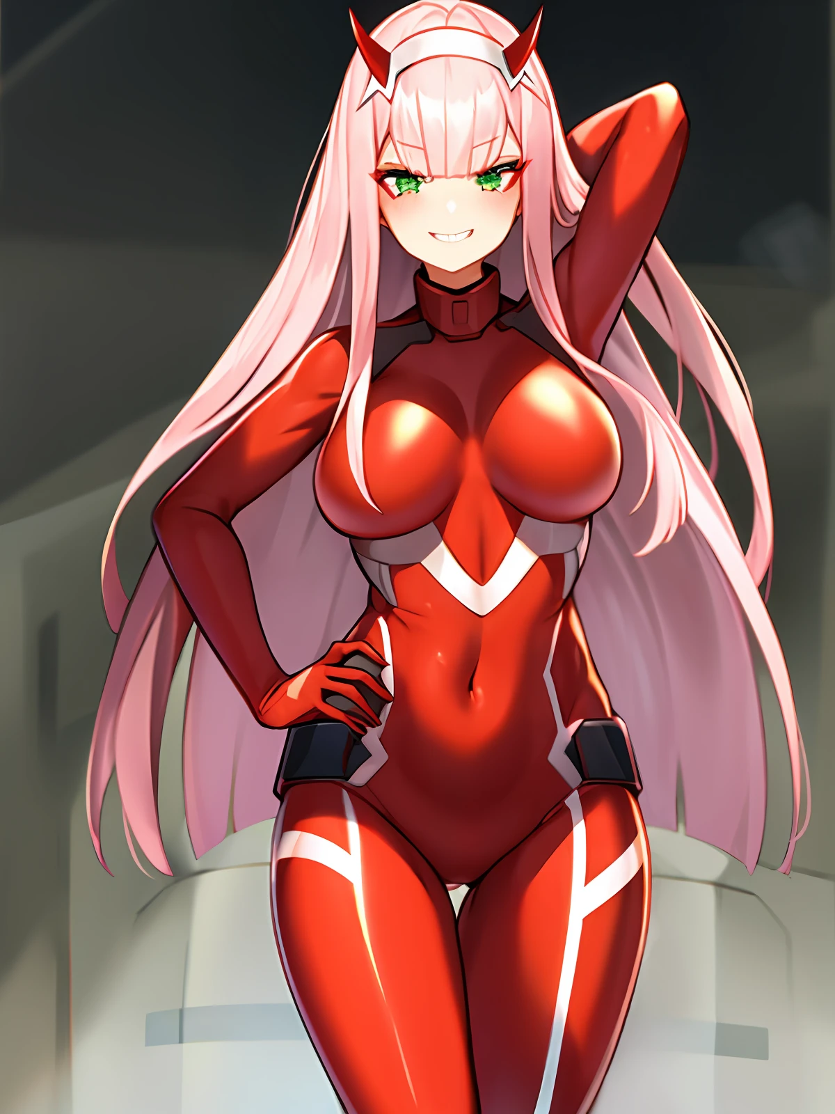 zero two \(darling in the franxx\), darling in the franxx, 1girl, bangs, biting, blush, covered navel, eyeshadow, green eyes, hair behind head, hand on hip, horns, smile, long hair, looking at viewer, makeup, medium breasts, pilot suit, red suit, pink hair, red eyeshadow, science fiction, skin tight, solo