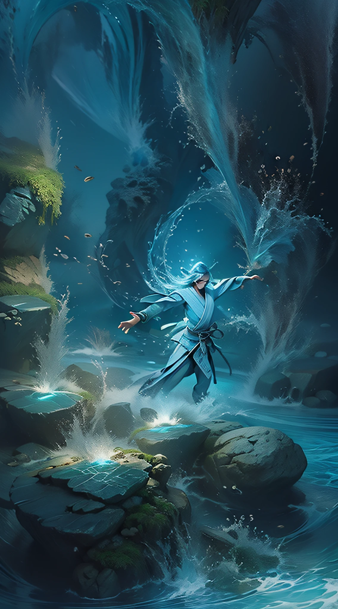 In the depths of an enchanted underwater cave, a blue fish man practices his karate moves, sending out shimmering water balls with each swift motion of his hands. The bioluminescent flora surrounding him casts an ethereal glow, creating a breathtaking scene. The fish man's powerful physique reflects his expertise in martial arts, while his beginner status in water magic is evident in the occasional splashes that emerge from his playful training. The water balls radiate a captivating luminescence, lighting up the entire cave in a mesmerizing dance of colors. The image will be rendered in a magical illustration style, combining digital art and traditional watercolor techniques.