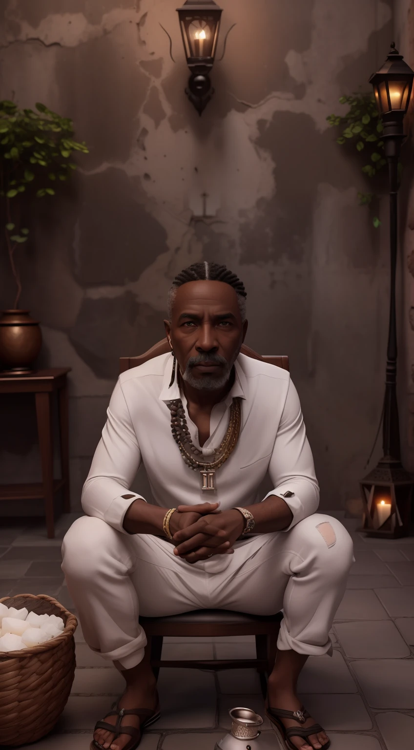 Crie uma imagem hiper realista de um homem velho afrodescendente, 80 anos, olhos brilhantes, cansados e triste, pele negra, cabelos crespo e grisalho, vestindo um velho, simples, torn white cotton outfit, on the neck seed necklaces, com rugas. Segurando um cachimbo. The decoration should be dark old clay wall with a crucifix, with candlelight lighting, Several candles lit on the floor, with a lot of smoke in an intimate and religious environment.
Use a Sony A7 III camera with an 85mm lens at an aperture setting of F 1.2 para desfocar o fundo. Detailed hand with five perfect detailed humanized fingers. Richness in the features of the face, boca e olhos. Crie uma imagem ultrarrealista que captura a beleza natural e a personalidade, dramatic lighting, ........3d, VFX, 9:16 cinematic lighting, Estilo Phock, Estilo UltraVector, hyper realistic, cinemactic, Ultra High Definition, HDR, cinemactic, Realistic, precision detailed (moldura para foto) cintura), imagem central, Estilo, bioluminescente, tamanho real 8, 8K resolution