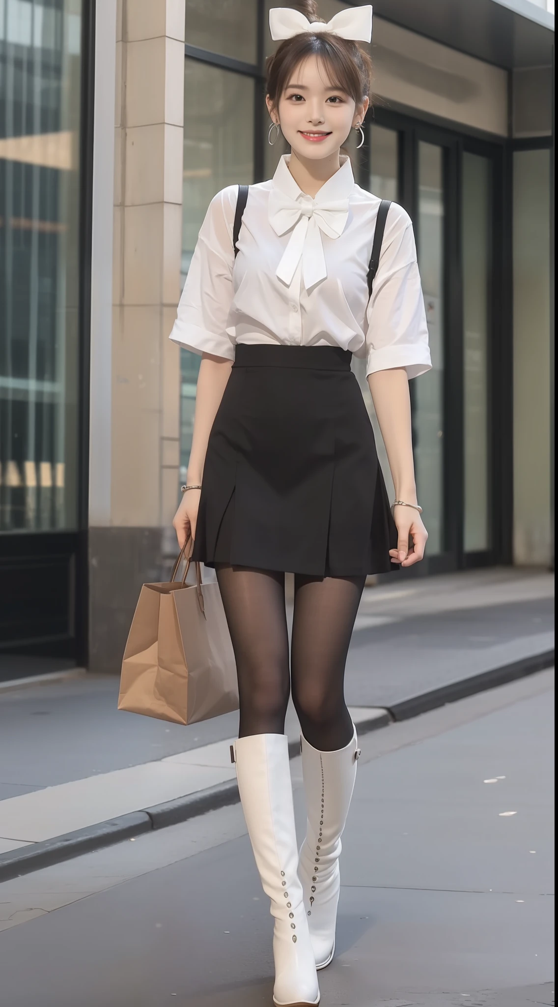 (true to life,Photorealistic 1.5),((best qualtiy, 8K, tmasterpiece:1.3)),SLR camera (二重まぶた,largeeyes:1.3),(smile1.5),(Full body photo 1.5)(One person 1.5)Clear focus 1.2, Perfect body beauty:1.4 , Delicate skin1.1,(Short silver-white hair1.5),(Delicate facial features1.4),(Pure desire 1.3)(Black pantyhose 1.5)(The leg length is one meter two,1.5),Hair is slightly curled,White shirt,Bow knot,pleatedskirt,Slender legs,Martin boots,With earrings,Wristband jade bracelet,pony tails,The roof of the building