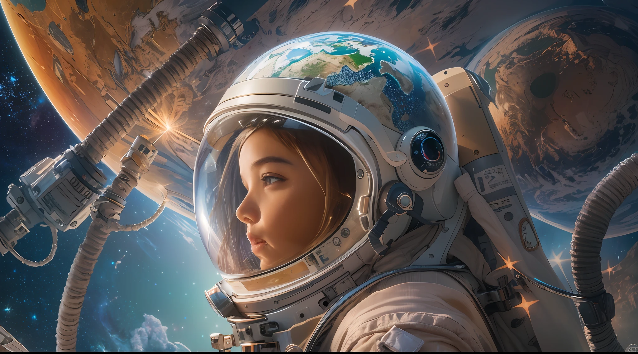 ((Masterpiece)), (Best Quality)), 8K, high detail, hyper-detail, the painting depicts a scene of breathtaking magnificent spatial images. The picture shows a girl wearing a spacesuit, looking at a glowing planet in space. The scenes are extremely detailed and the clarity is extraordinary, capturing every intricate detail of the panorama.