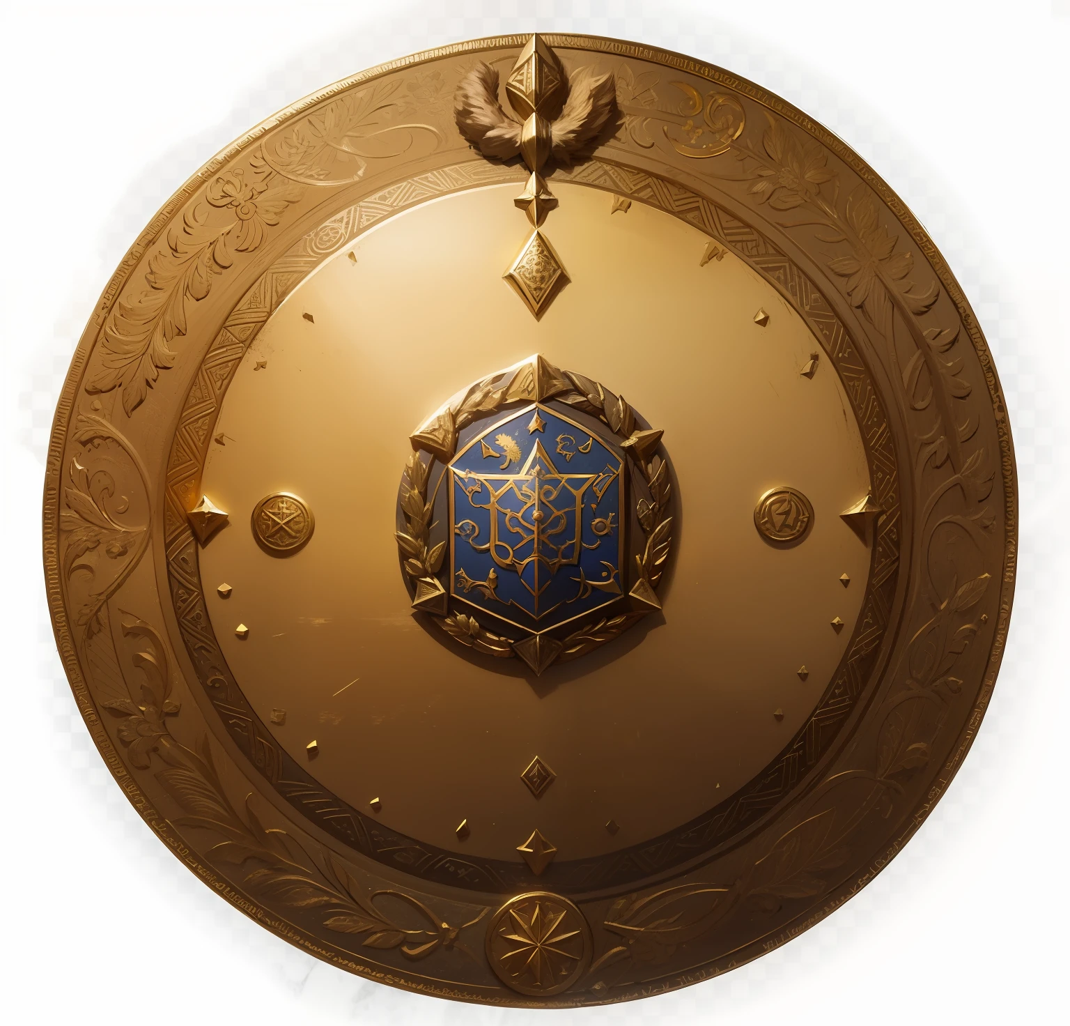 rpg item Golden magic medallion coin insignia with coat of arms embedded in ancient runes bright blue hex similar to a coin (based on the aesthetics of the warrior Diana), no estilo steampunk cronotempo estelar uranometria