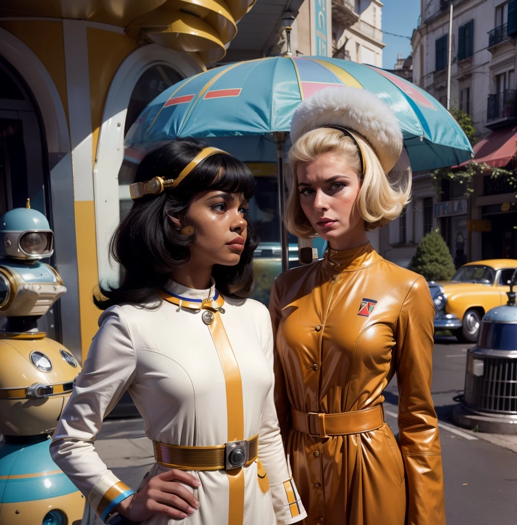 4k image from a 1960s science fiction film by Wes Anderson, Filme O Grande Hotel Budapeste, pastels colors, Young people wearing retrofuturistic alien masks and holding colorful suitcases and chests on the bus, Retro-futuristic fashion clothes from the 60s with old robots, Luz Natural, Psicodelia, futurista estranho, retro-futurista, photo-realistic, Sharp background details.