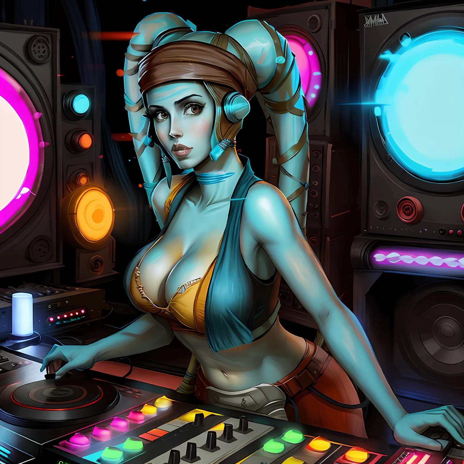 A solo shot featuring aayla secura a DJ, showcasing her skills on the turntables at a vibrant rave.