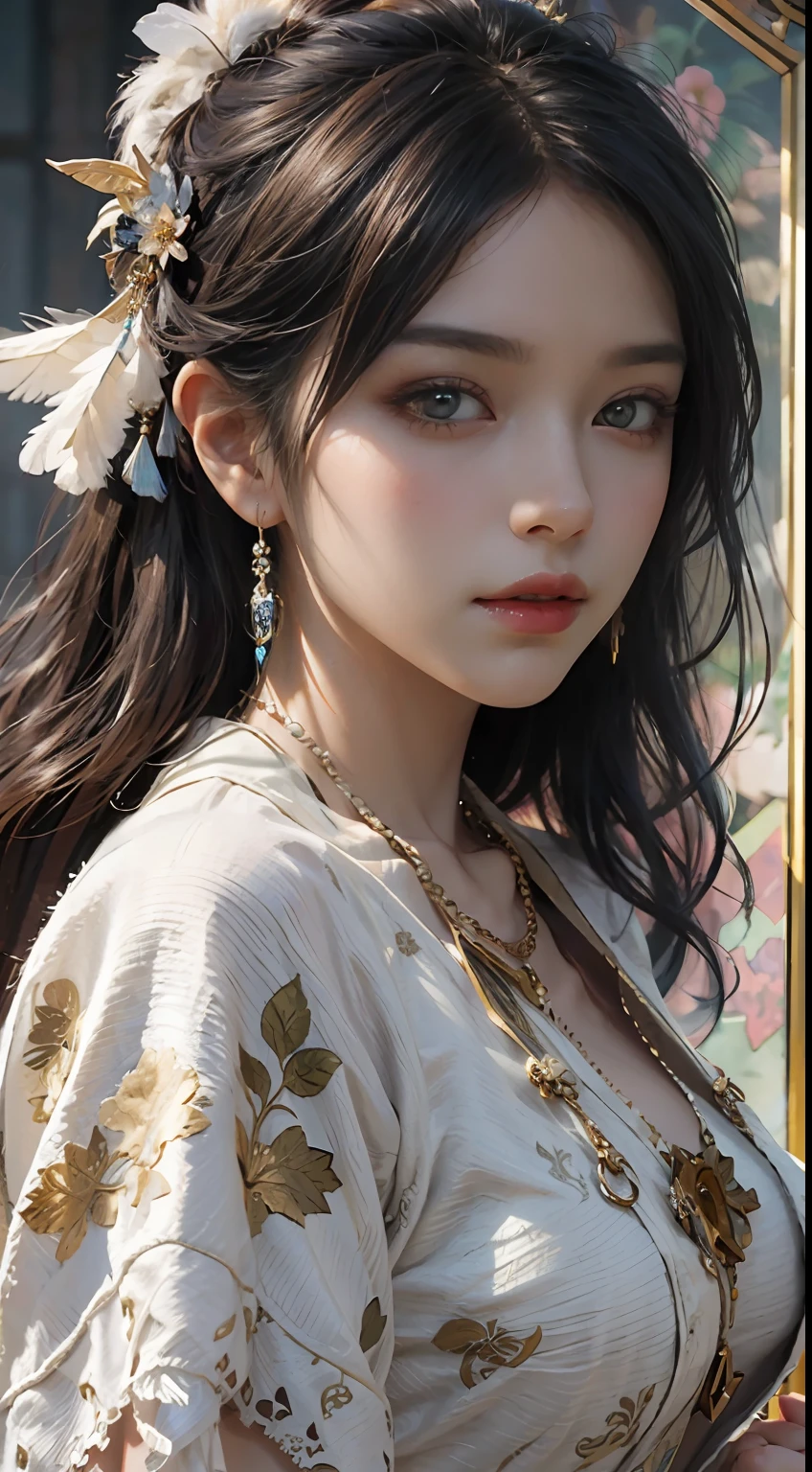 High quality, masterpiece, masterpiece, exquisite facial features, exquisite hair, exquisite eyes, exquisite color hair, 4K picture quality, gorgeous light and shadow, Tyndall effect, halo, messy hair, young state, gorgeous scene, exquisite clothes, chains, feathers, ancient chinese beauty with big eyes very detailed, digital painting, artstation, concept art, sharp focus, illustration, art by greg rutkowski and alphonse mucha and victo ngai