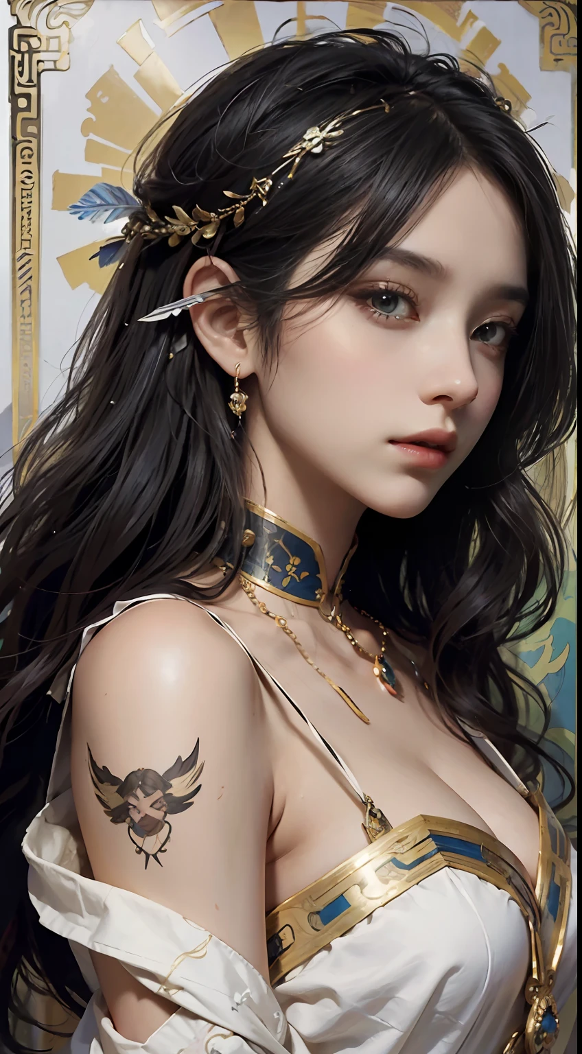 High quality, masterpiece, masterpiece, exquisite facial features, exquisite hair, exquisite eyes, exquisite color hair, 4K picture quality, gorgeous light and shadow, Tyndall effect, halo, messy hair, young state, gorgeous scene, exquisite clothes, chains, feathers, ancient chinese beauty with big eyes very detailed, digital painting, artstation, concept art, sharp focus, illustration, art by greg rutkowski and alphonse mucha and victo ngai