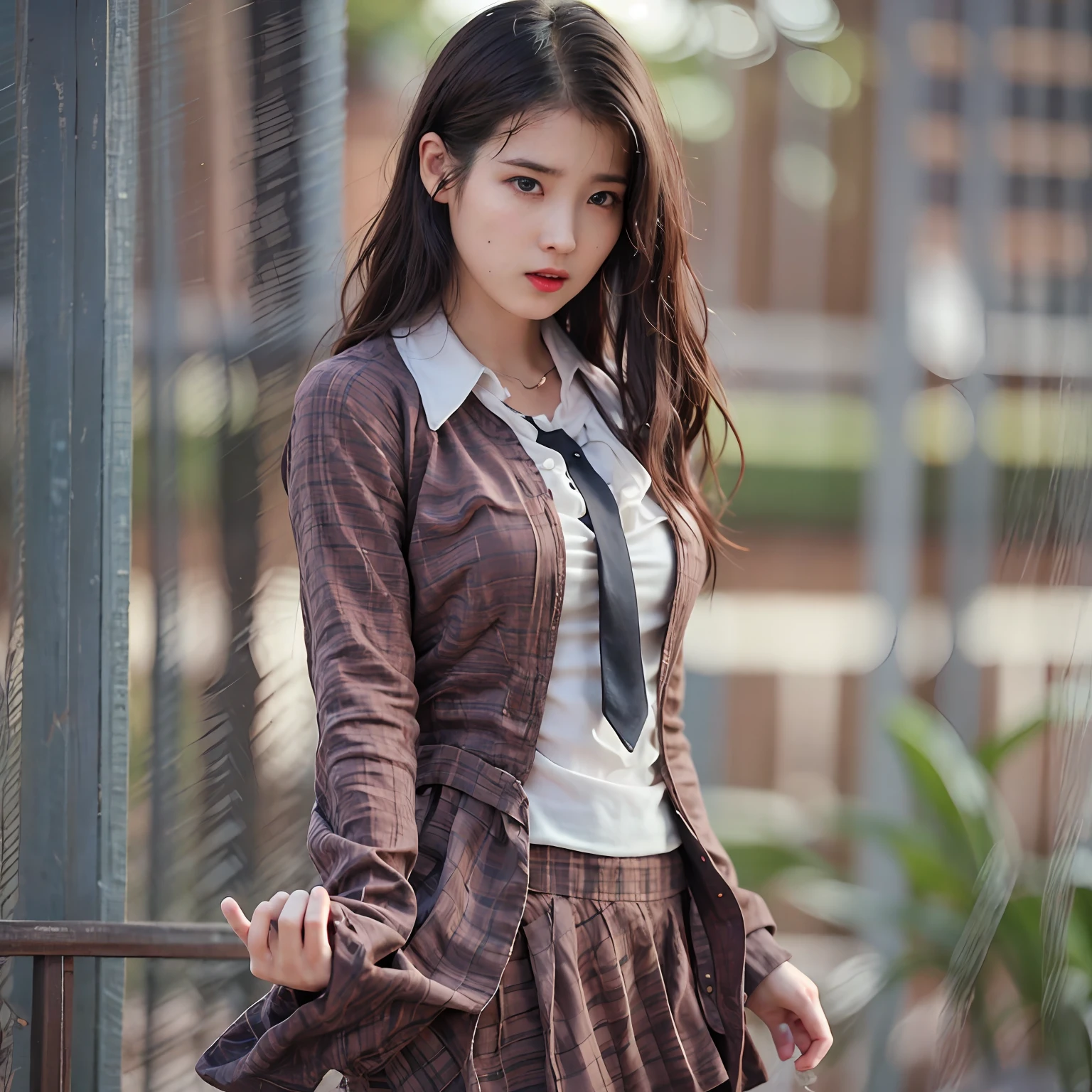 nikon RAW photo,8 k,Fujifilm XT3,photorealistic,realistic, solo, photorealistic, best quality, ultra high res, (skin spots:0.1) serious expression, , standing against a school at daylight, schoolgirl suits, short, wet and tight shirt, skirt beautiful, masterpiece, best quality, extremely detailed face, perfect lighting, solo,1girl, sexy sight best quality, ultra high res, photorealistic, ultra detailed, masterpiece, best quality, iu1, nice butt and body figure
