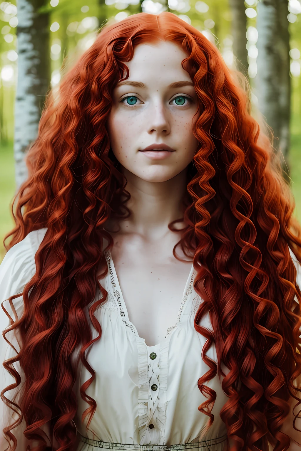 (((long fluffy curly red hair))) face portrait of An extremely Beautiful young Woman, pale skin, green eyes, freckle, Scottish, archer, traditional scottish dress, Birch forest,
gritty sharp focus, intricate,
watercolor,