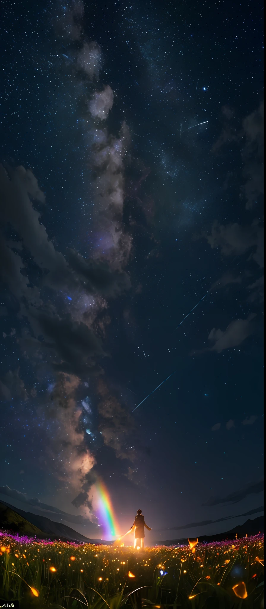 Vast landscape photo, (viewed from below, the sky is above and the open field is below), a girl standing on a flower field looking up, (full moon: 1.2), (meteor: 0.9), (nebula: 1.3), distant mountains , Trees BREAK Crafting Art, (Warm Light: 1.2), (Fireflies: 1.2), Lights, Lots of Purple and Orange, Intricate Details, Volumetric Lighting, Realism BREAK (Masterpiece: 1.2), (Best Quality), 4k, Ultra-Detailed, (Dynamic Composition: 1.4), Very Detailed, Colorful Details, (Rainbow Colors: 1.2), (Glow Lighting, Atmospheric Lighting), Dreamy, Magical, (Solo: 1.2)