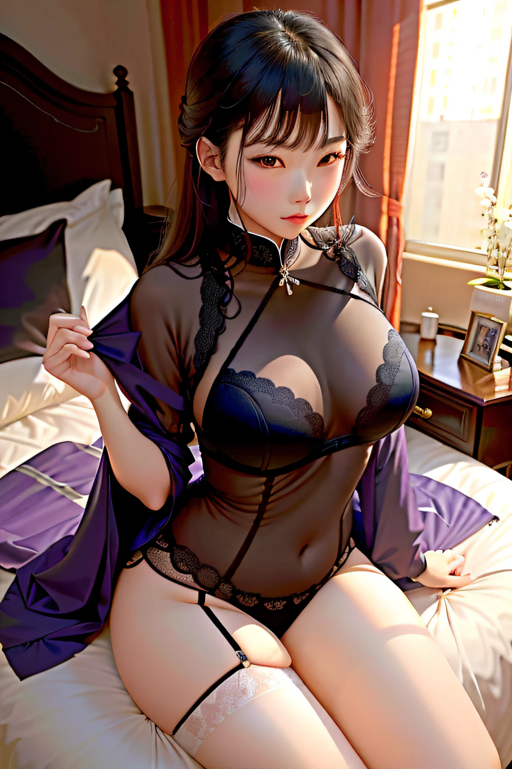 超高分辨率，best qualtiy，one-girl，In the bedroom，The bed lay flat，Bigchest，wearing silk stockings，Ultra shorts，looking from above，