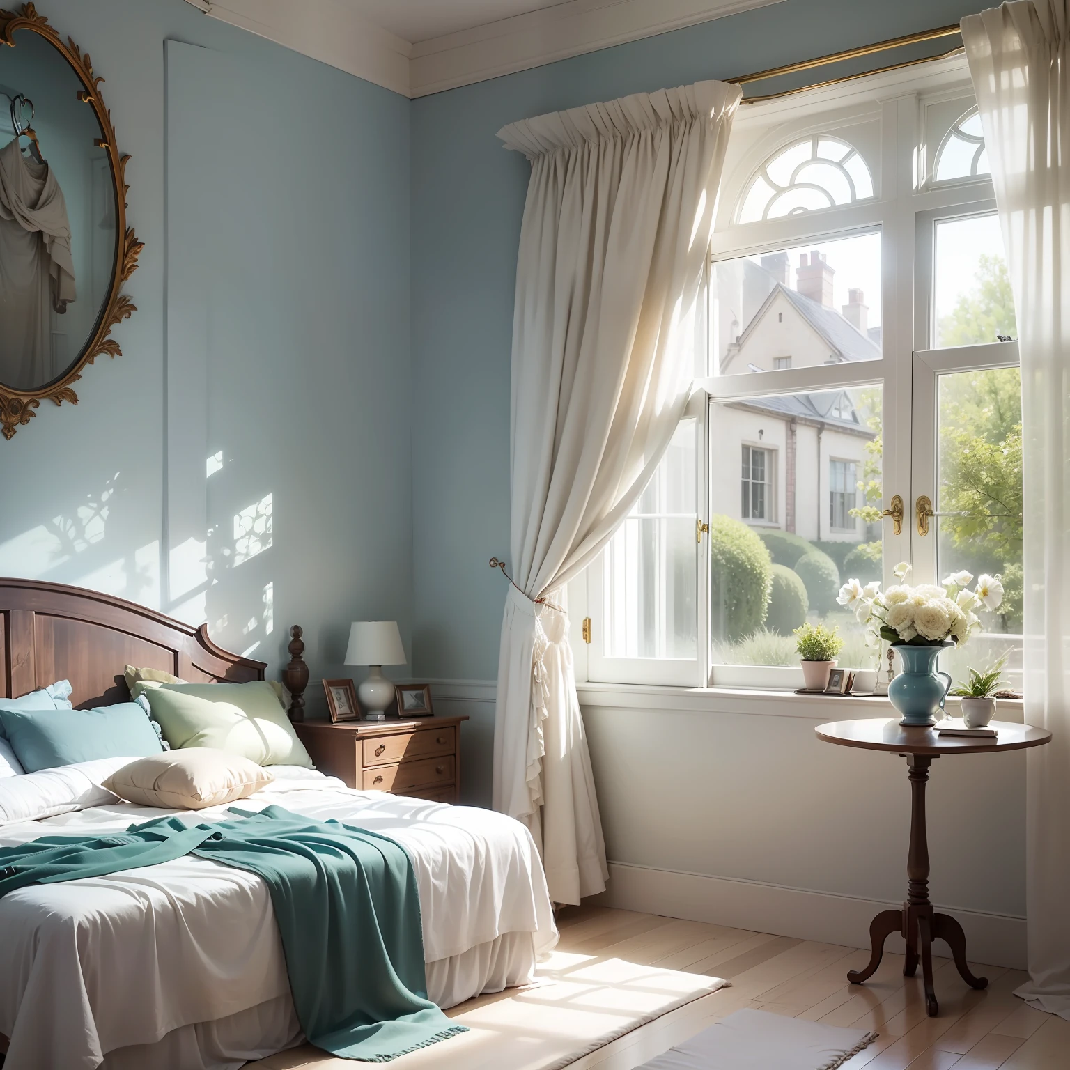 The room is bathed in soft, warm light, emanating a cozy and inviting ambiance. The walls are painted in a calming shade of light blue, which complements the cream-colored curtains adorning the large windows. The windows are draped with sheer, flowing fabrics that allow gentle sunlight to filter through, casting a soft glow across the room.
Against one wall, there is a plush, king-sized bed with crisp white linens and a luxurious quilt. The bed's headboard is crafted from dark wood, adding a touch of elegance to the space. At the foot of the bed, a plush area rug in a neutral tone adds comfort and warmth to the hardwood floor.
Near the window, there is a small writing desk, neatly organized with a sleek laptop, a vase of fresh flowers, and a few treasured books. The desk overlooks a quaint garden outside, providing an inspiring view for moments of reflection and work.
On another wall, a wooden wardrobe stands tall, offering ample storage for clothing and belongings. The wardrobe's brass handles and intricate carvings add a hint of vintage charm to the room.
In one corner, a cozy reading nook beckons with an overstuffed armchair and a floor lamp, creating the perfect spot for relaxation and unwinding with a good book.
Subtle touches of decor, such as framed artwork and soft throw pillows, add personality and character to the room without overwhelming the serene atmosphere. The overall feeling of the room is one of tranquility, making it a soothing sanctuary for rest, creativity, and peaceful contemplation.
