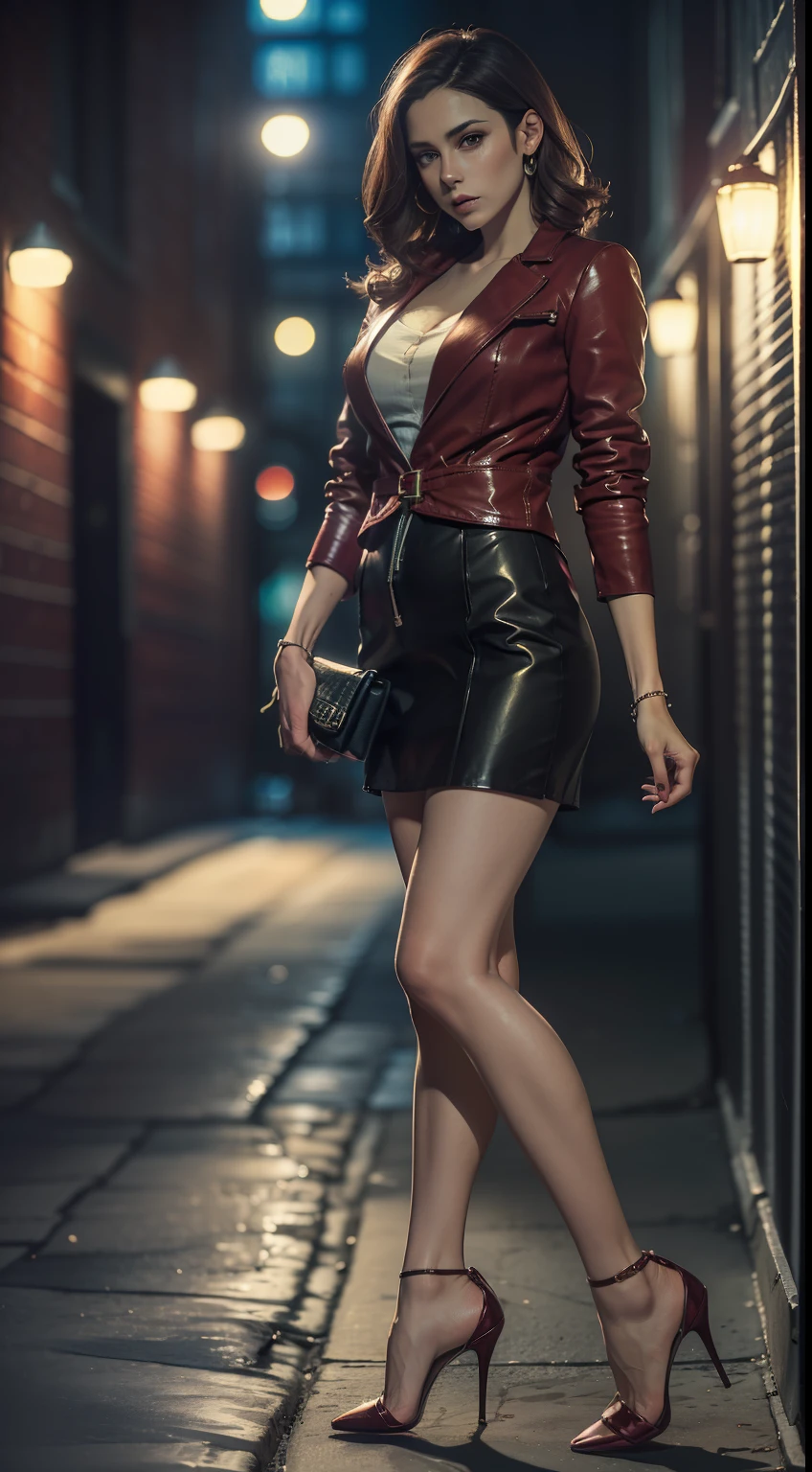 (
(Character: one Israeli woman, 30 years old, brunette, medium hair)
(Clothing: wine red lawyer clothes, high heels shoes)
(Pose: full body shot:1.7 )
(Background: dark alley at night:1.3, intense urban lights in background, wine color scheme)
(Style: ((masterpiece:1.5)), (face detailed), photo-realistic:1.3, hyperrealistic, film grain, realistic lighting)
)