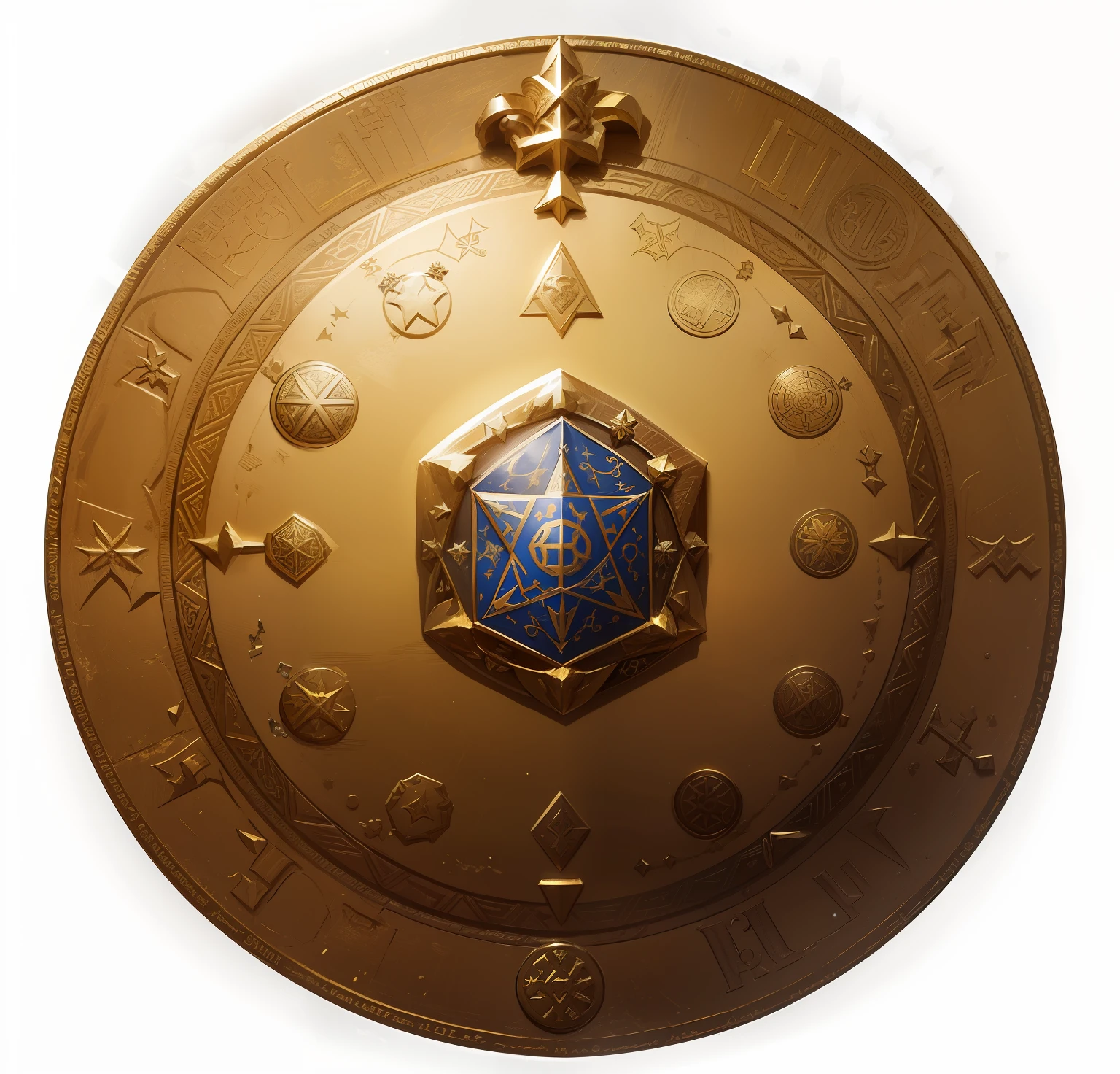 rpg item Coin insignia with magic runes of golden magic medallion with coat of arms embedded in bright blue hexagonal ancient runes resembling a coin (based on the aesthetics of the warrior Diana), no estilo Steampunk vitoriano Chronostellar Tempo Uranometry