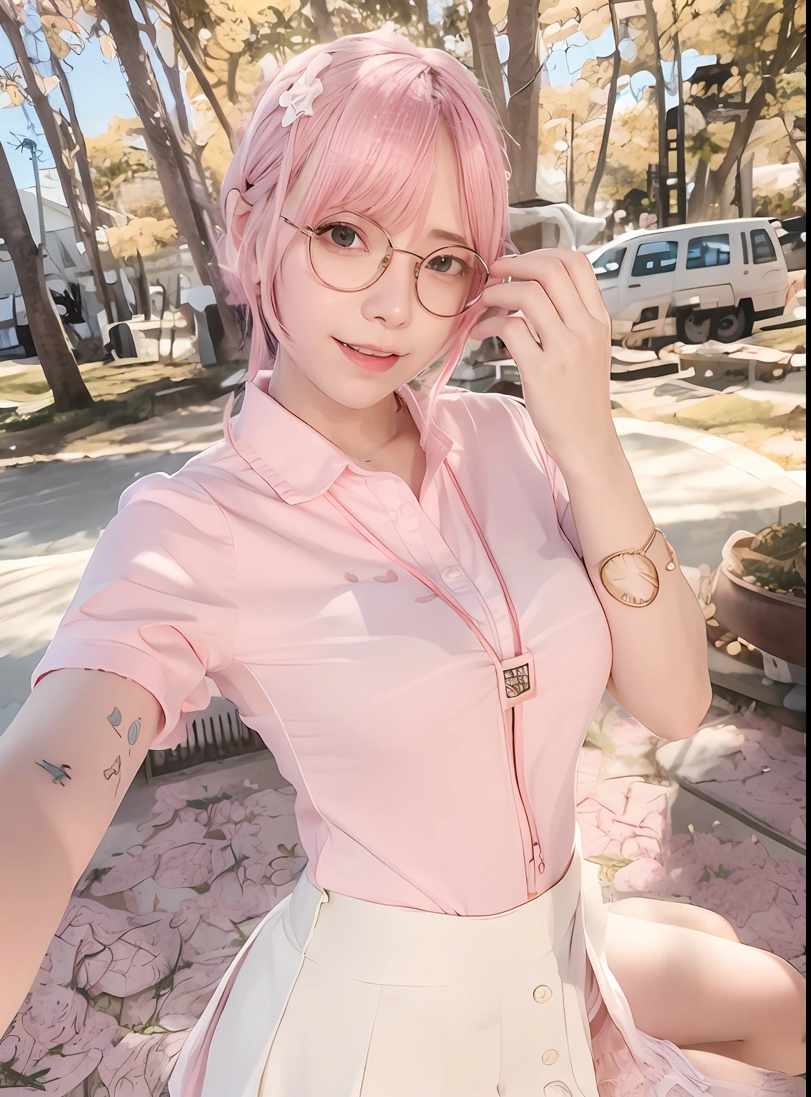 Close up portrait of woman in pink skirt and white shirt, Belle Delphine, real life anime girl, M-shaped legs、I'm spreading my、