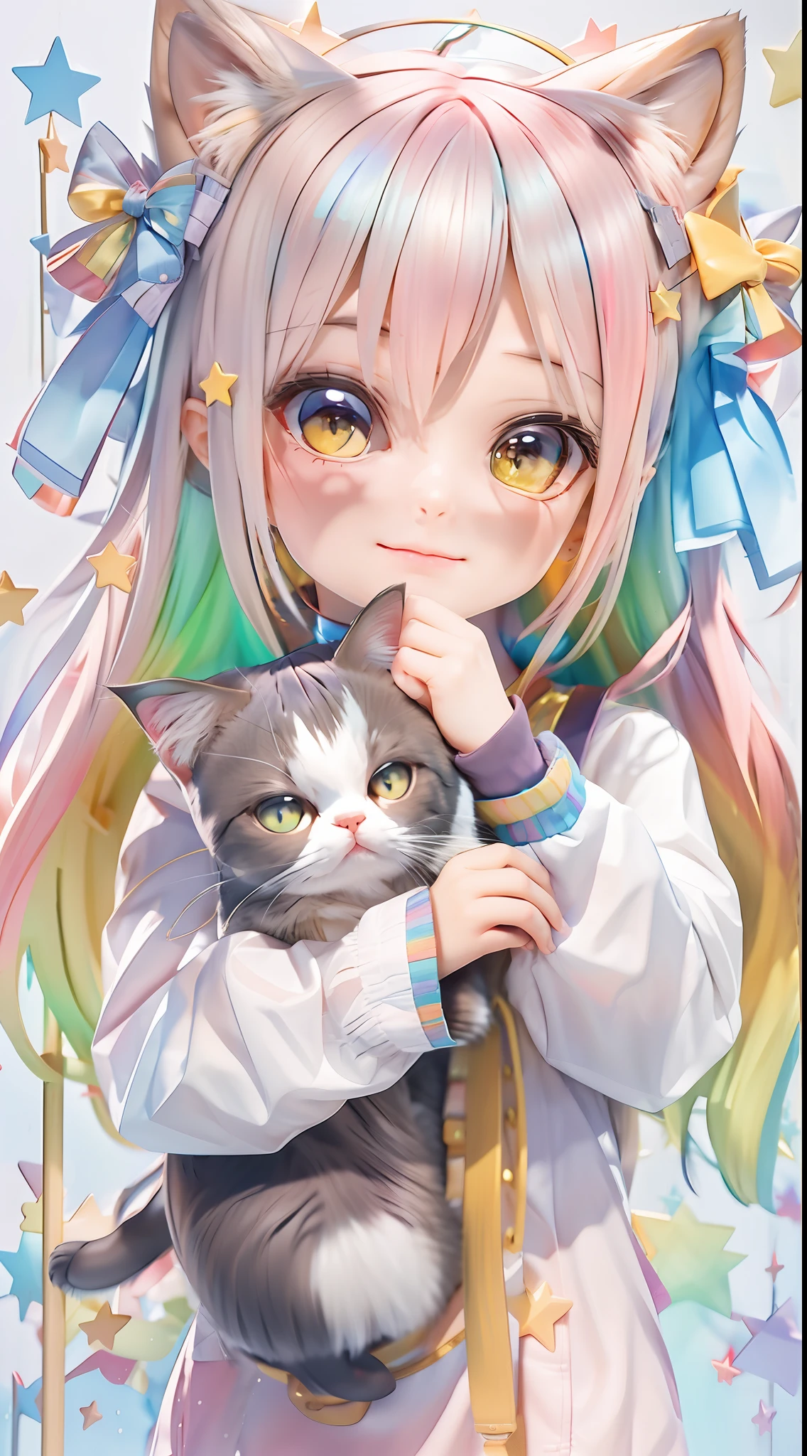 (Cute girl holding a cat with cat ears, rainbow colored hair ) Interior background, star characteristics, recent quality, detailed details, masterpieces, official art, 3d rendering