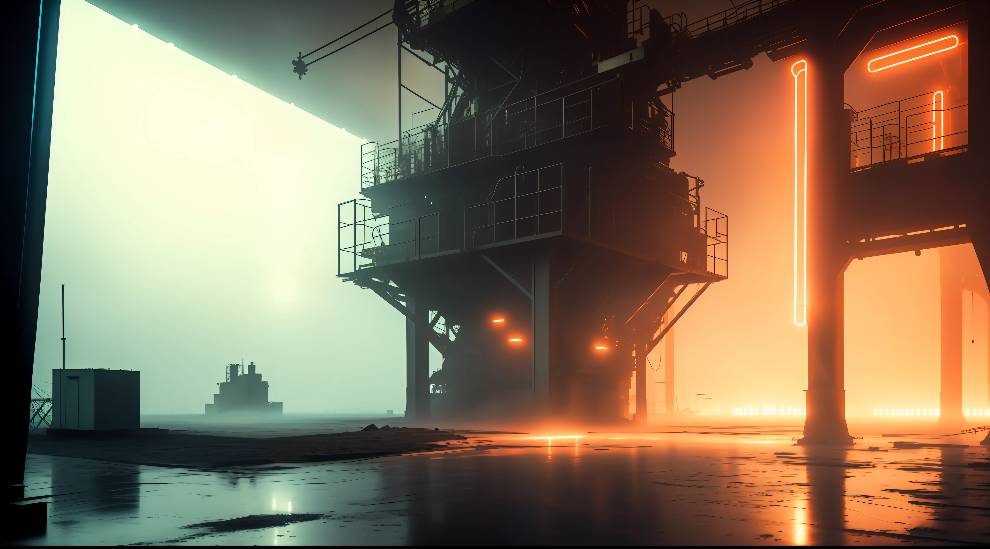 factory with heavy machinery with fog, high quality photo, lens flare, bokeh, 8k resolution, gobo lights, warm ambient light, volumetric light, neon lights, depth of field, analog, foggy atmosphere,