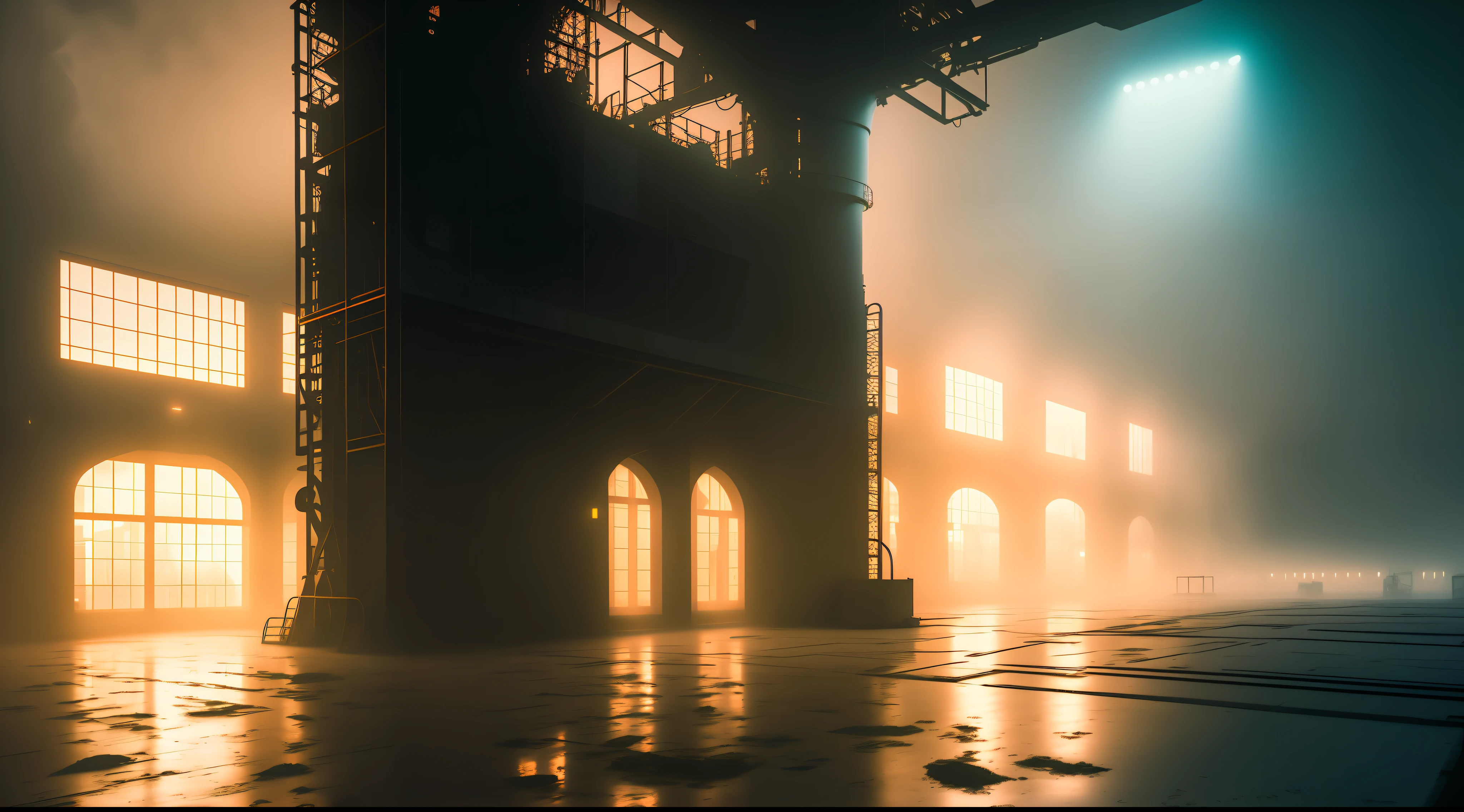 factory with heavy machinery with fog, high quality photo, lens flare, bokeh, 8k resolution, gobo lights, warm ambient light, volumetric light, neon lights, depth of field, analog, foggy atmosphere,