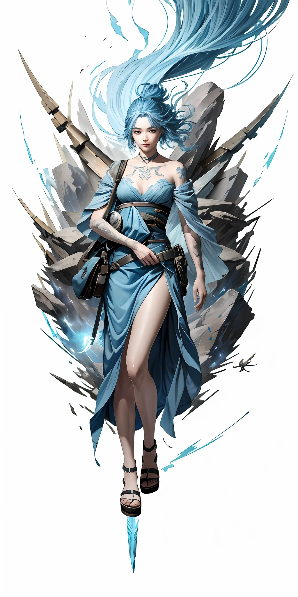Ultra-high definition 2D art, close-up (1 woman), light blue hair, 2D animation style, soft and delicate depiction, attention also on her full-body tattoos (full-body art), landscape mode, masterpieces by Guweiz and James Jean, tattoo expert designs by CGSCOSITY, etc. A beautiful blue-haired girl who became a hot topic at the trend art station of Japan.