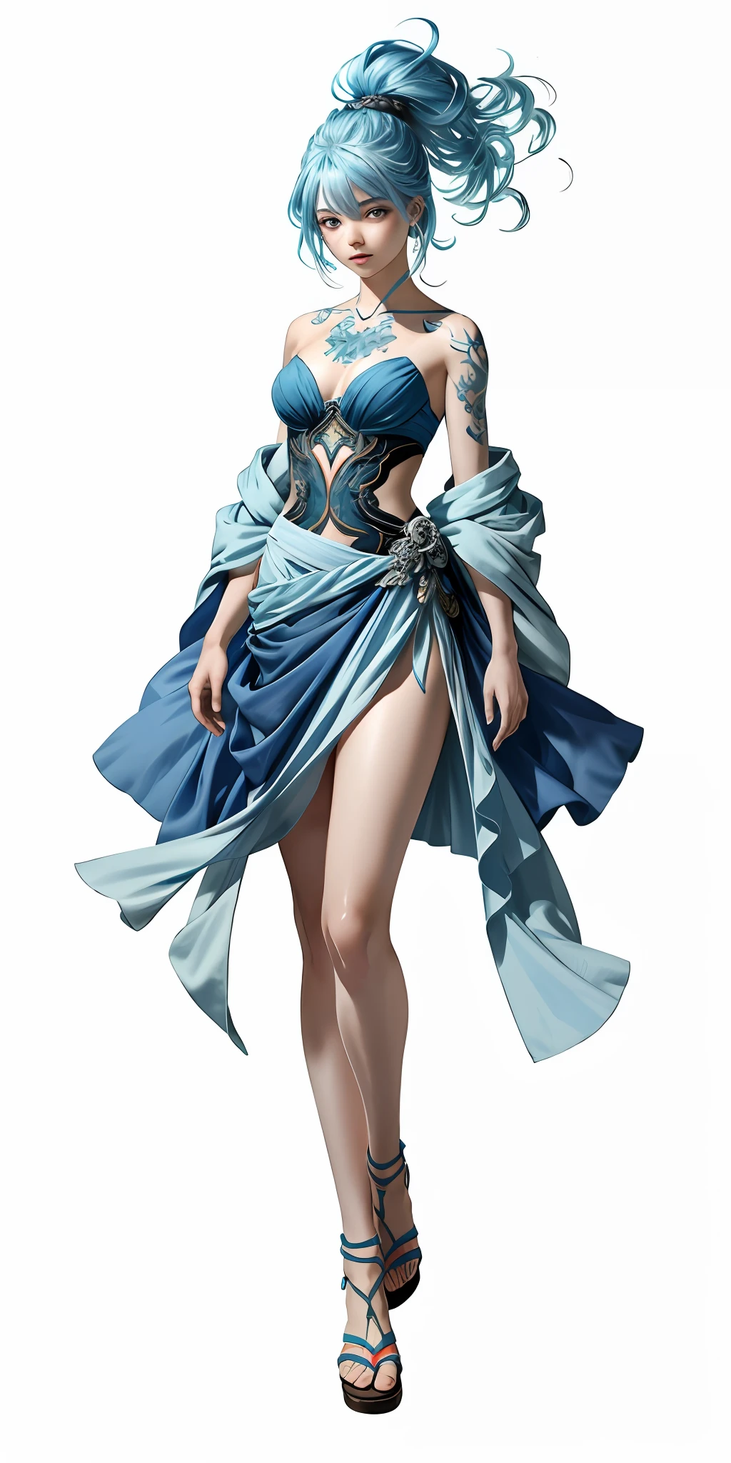 Ultra-high definition 2D art, close-up (1 woman), light blue hair, 2D animation style, soft and delicate depiction, attention also on her full-body tattoos (full-body art), landscape mode, masterpieces by Guweiz and James Jean, tattoo expert designs by CGSCOSITY, etc. A beautiful blue-haired girl who became a hot topic at the trend art station of Japan.