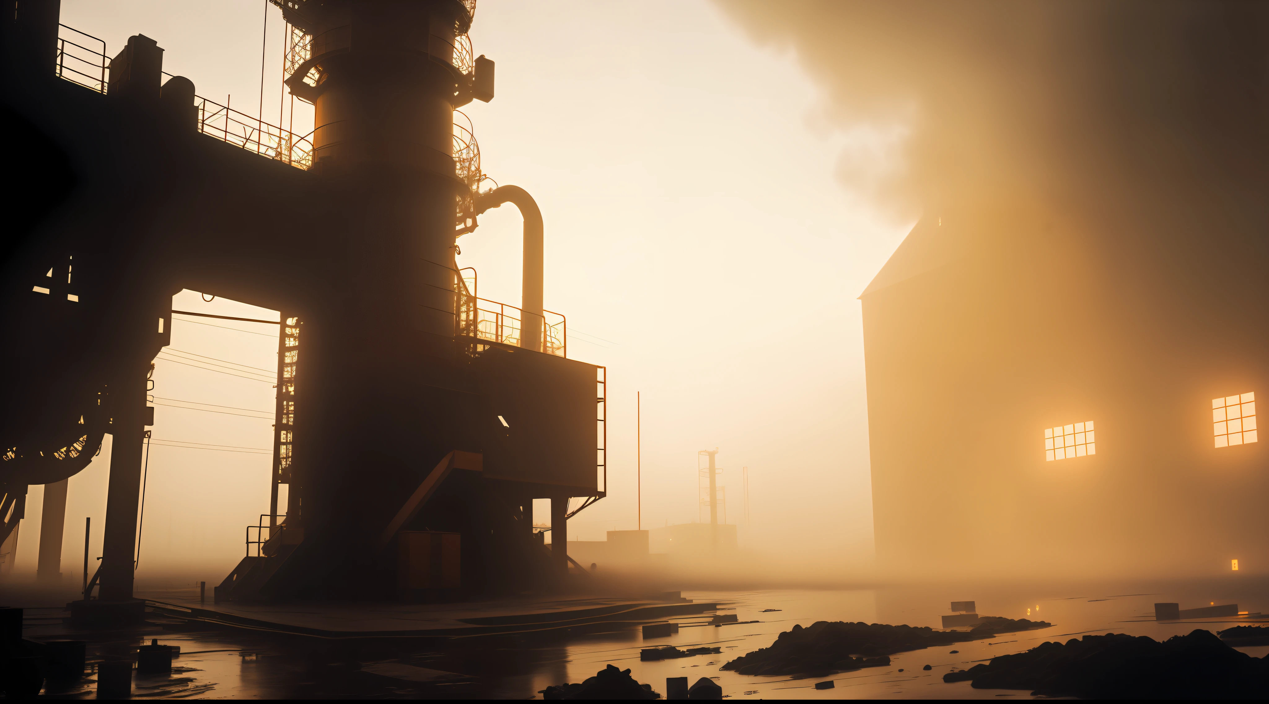 factory with heavy machinery with fog, high quality photo, lens flare, bokeh, 8k resolution, gobo lights, warm ambient light, volumetric light, neon lights, depth of field, analog, foggy atmosphere,