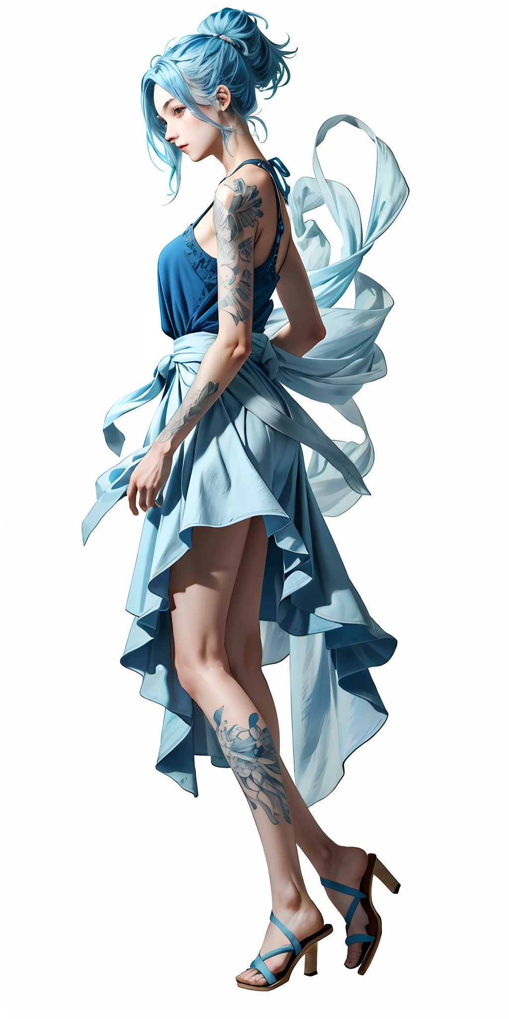 Ultra-high definition 2D art, close-up (1 woman), light blue hair, 2D animation style, soft and delicate depiction, attention also on her full-body tattoos (full-body art), landscape mode, masterpieces by Guweiz and James Jean, tattoo expert designs by CGSCOSITY, etc. A beautiful blue-haired girl who became a hot topic at the trend art station of Japan.