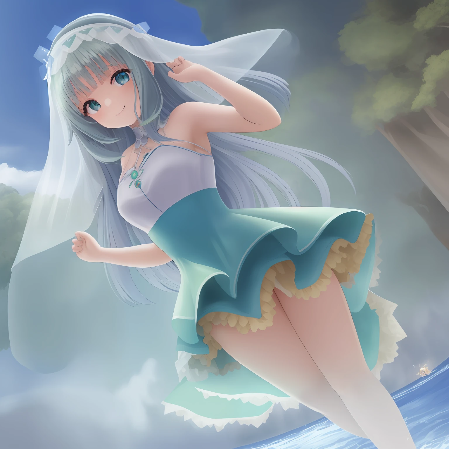 uma bela garota de anime, com cabelos brancos, olhos azuis, sorriso cativante, ela usa um fone de ouvido gamer, ela usa roupas simples, She is immersed in an ethereal and brilliant setting, amazing and detailed image