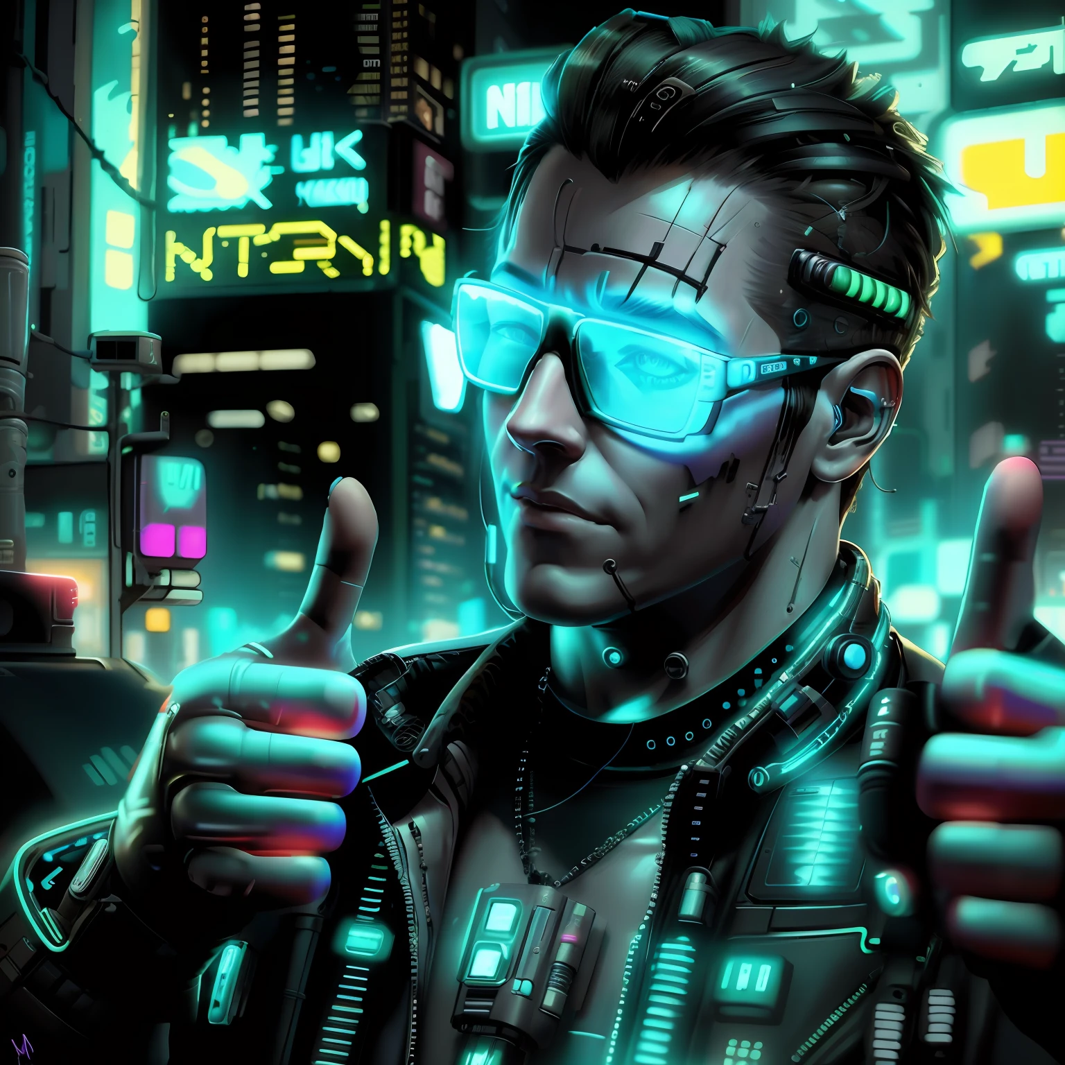 Cyberman in sunglasses gives thumbs up in front of Neon City, Cyberpunk Dude, cyberpunk art ultrarealistic 8k, hyper realistic cyberpunk style, cyberpunk artstyle, with Cyberpunk style, Cyberpunk style , A hyper-realistic, cyberpunk artstyle, cyberpunk hero, cyberpunk digital art, cyberpunk character, Cyberpunk shading, It has a cyberpunk style, Cyberpunk street thug, cyberpunk themed art, cyberpunk digital painting