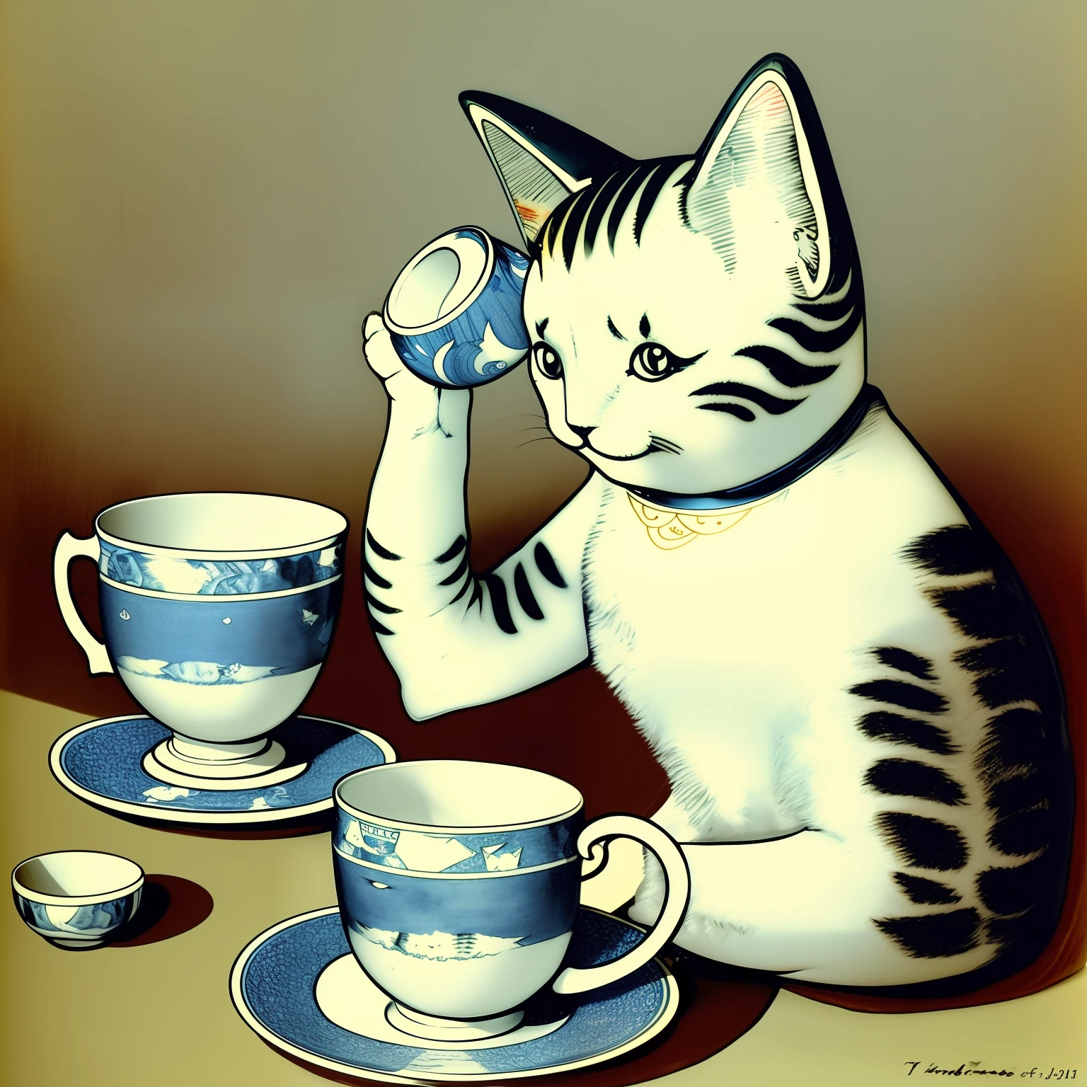 Humanoid cat juggling cups, furry cat, Porcelain cups, Blue pattern on the cups, tmasterpiece, art by Alfred Kubin