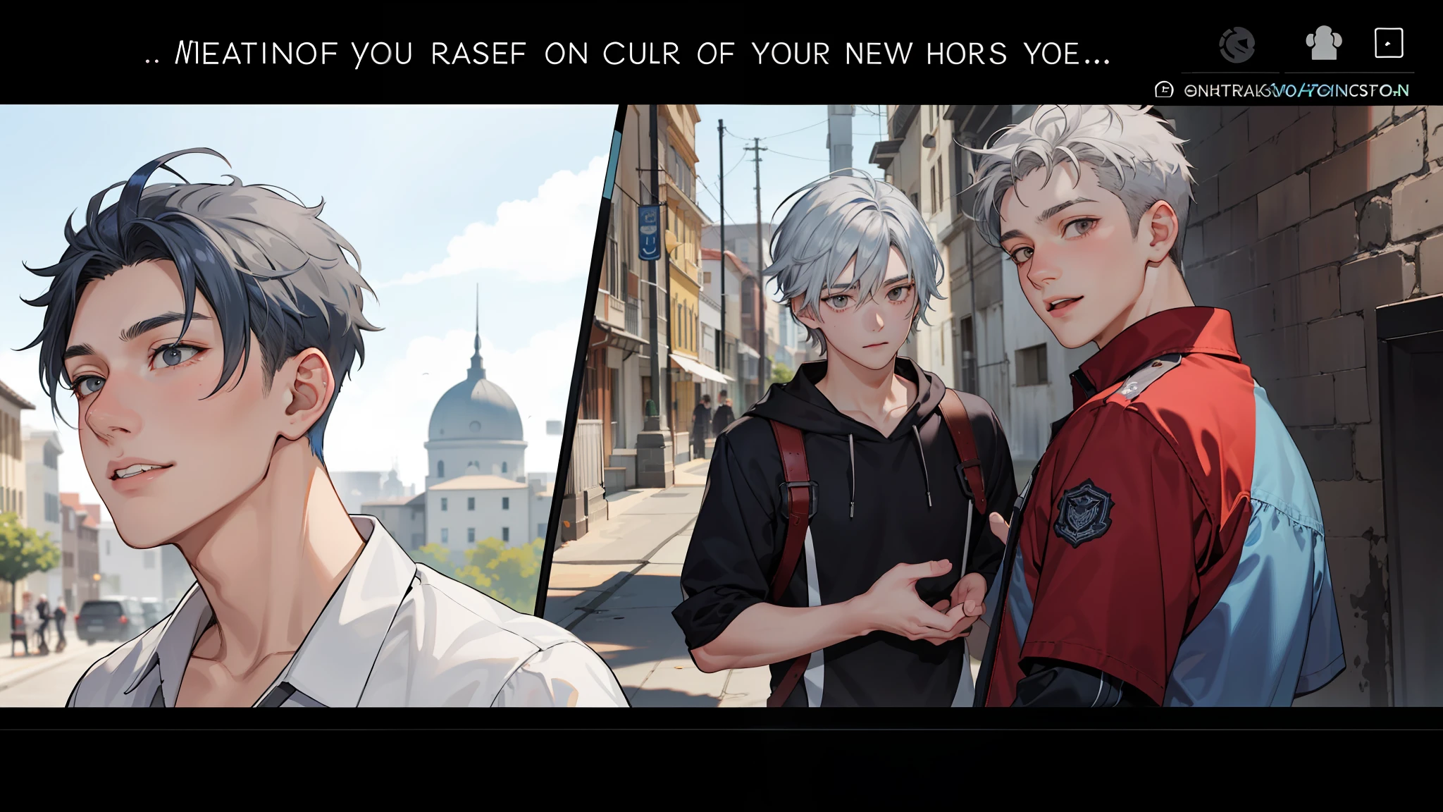 In the background is a silver city Two 15-year-old teenage friends with blue hair, With Latin skin and light gray hair on the outskirts of a large silver city they are talking about an important topic they are friends almost like brothers................