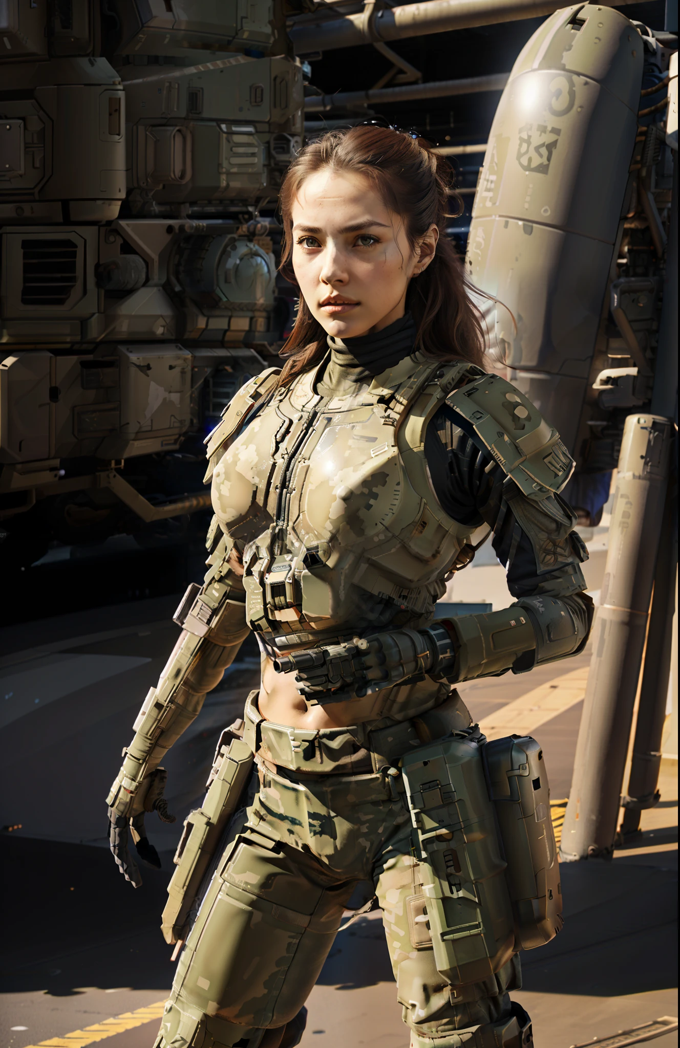 Gorgeous and fearless female soldier, fit body, holding big gun, warzone in the background, full detail face, killing eyes, high detail, realistic, photo quality, high quality, (photorealistic:1.4), science fiction, highly detailed, masterpiece, High-quality shadow,