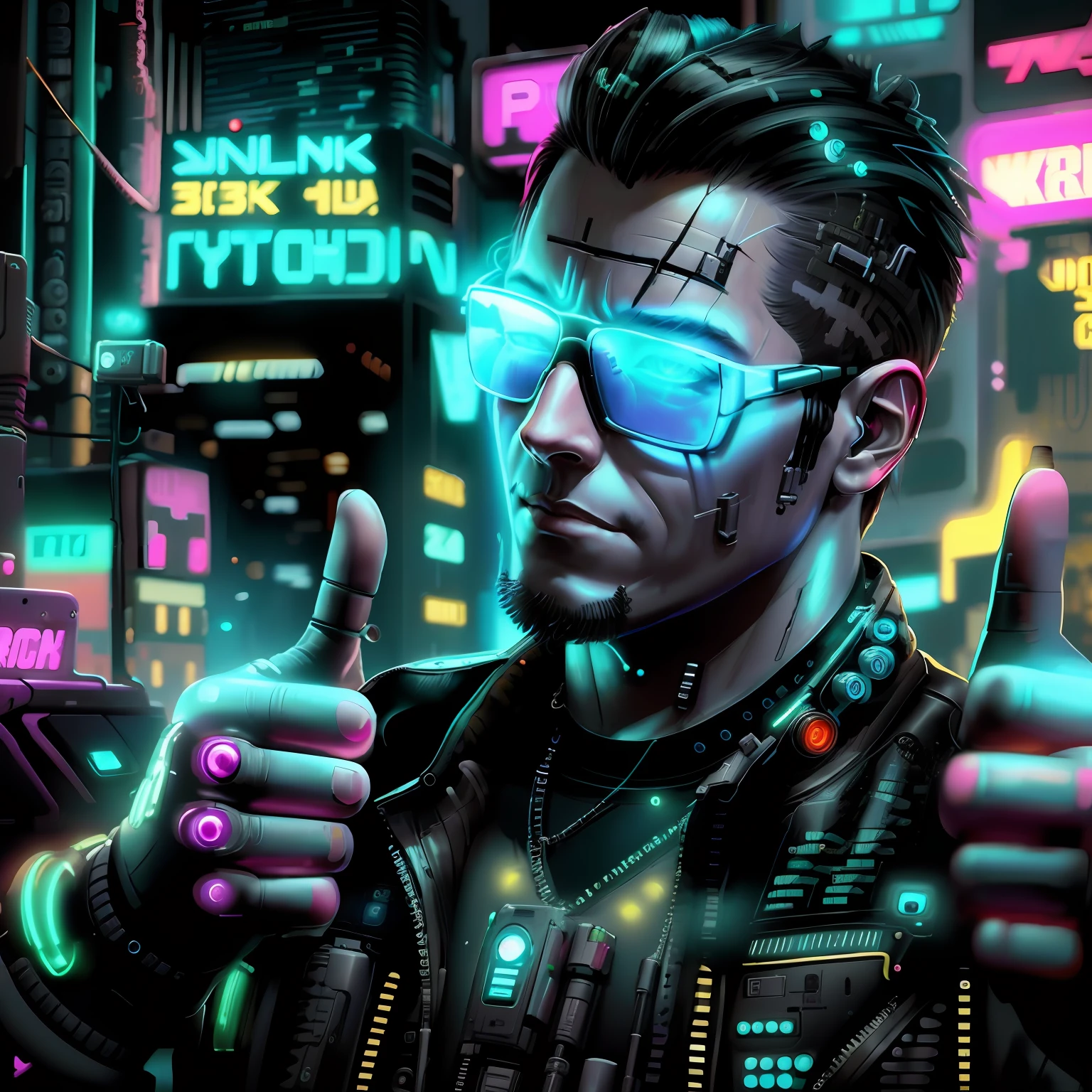 Cyberman in sunglasses gives thumbs up in front of Neon City, Cyberpunk Dude, cyberpunk art ultrarealistic 8k, hyper realistic cyberpunk style, cyberpunk artstyle, with Cyberpunk style, Cyberpunk style , A hyper-realistic, cyberpunk artstyle, cyberpunk hero, cyberpunk digital art, cyberpunk character, Cyberpunk shading, It has a cyberpunk style, Cyberpunk street thug, cyberpunk themed art, cyberpunk digital painting