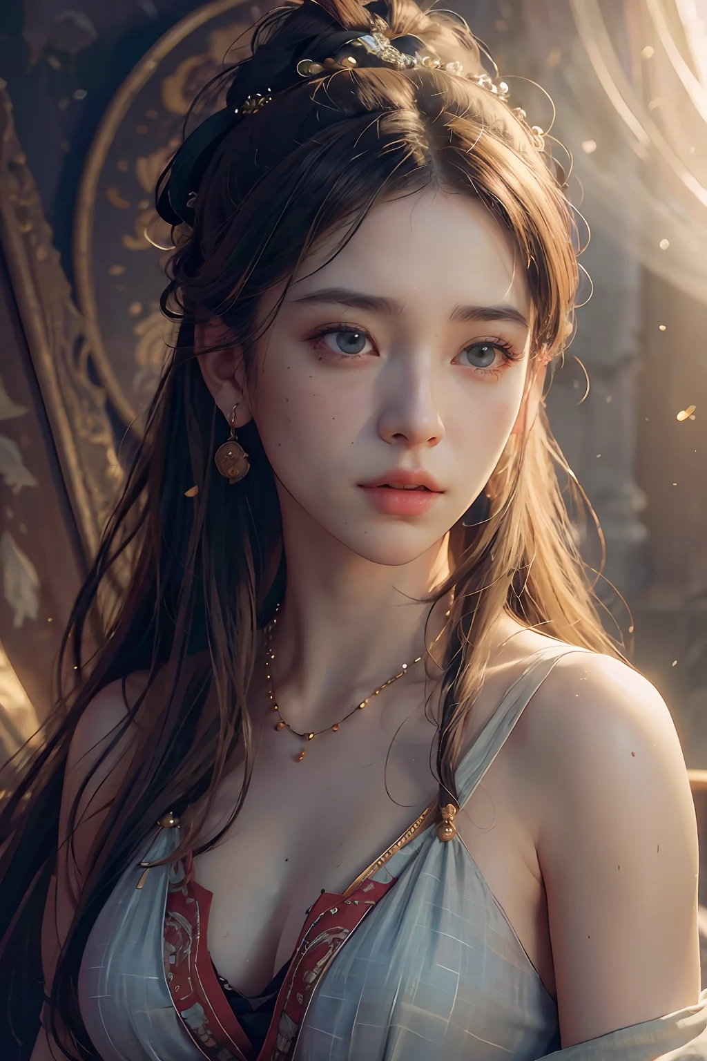 (RAW photo, best quality), (realistic, photo-realistic:1.3),best quality,highly detailed,masterpiece,ultra-detailed,illustration,1girl,upper_body,dynamic angle,world masterpiece theater,messy_long_hair,best quality,extremely detailed CG unity 8k wallpaper,ink,Amazing,cinematic lighting,lens_flare,,dunhuang_style